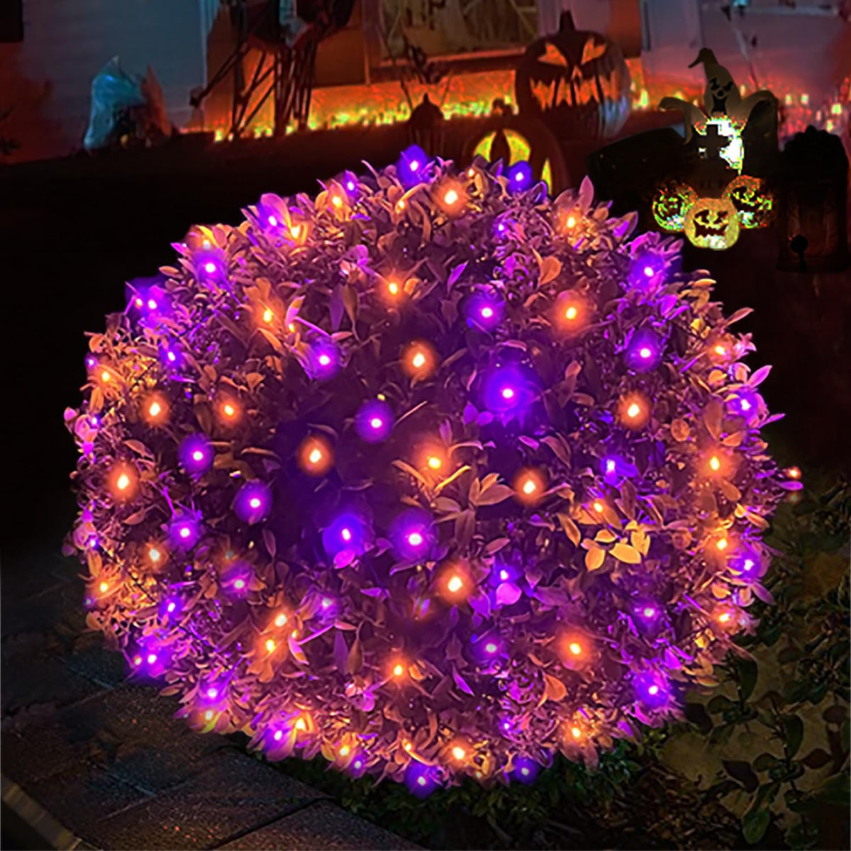 HISHINY Halloween Lights Outdoor,100LED 5ftx5ft Net Lights with Connectable, Waterproof,UL Certified and Durable Green Wire Design for Bushes,Trees,Halloween Decorations Outdoor(Purple&Orange)