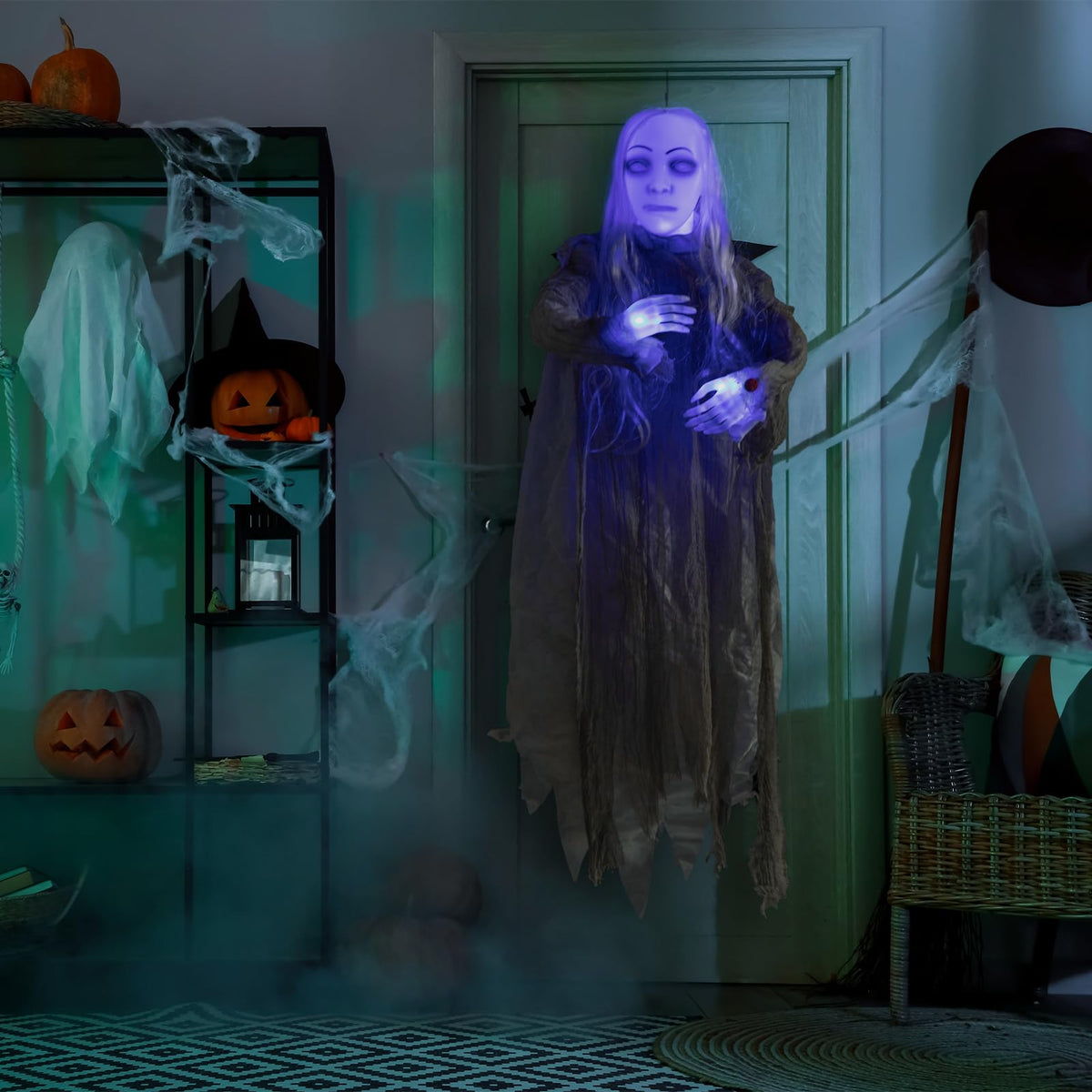 HollyHOME Animated Hanging Ghost with Glowing Head and Creepy Sounds Female Ghost Halloween Decorations Outdoor Haunted House Prop Decor 48 Inch