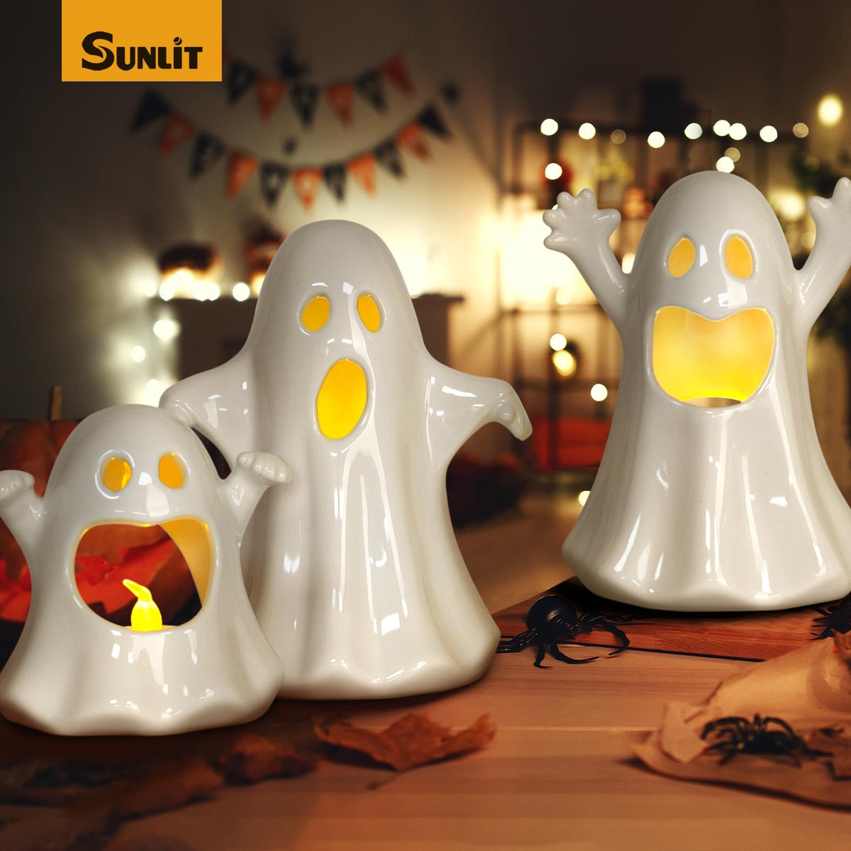 Sunlit Ceramic Ghost with 3 Tea Lights, Spooky Candle Holder Set of 3, Tabletop Indoor Halloween Decorations for Holiday Party Home, Spooky Sculptures Ghost Figurines, White