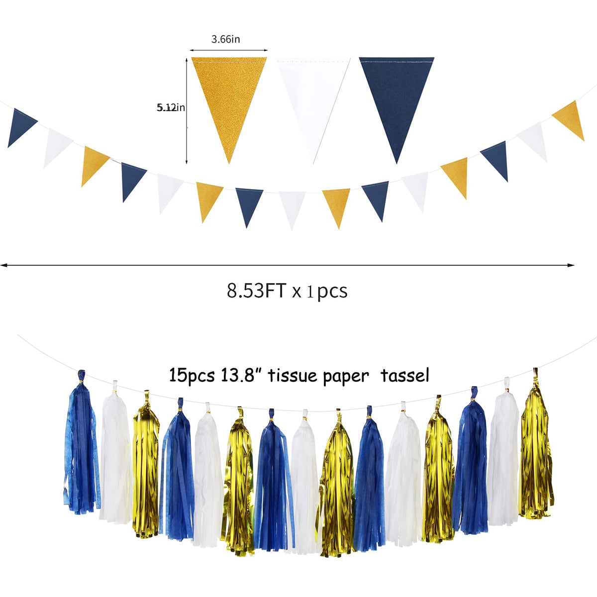 Navy Blue White Gold Party Decoration 23pcs Kits-Paper Flowers,Banner Flags,Circle Banner,Tassel Garland Birthday Bachelorette Boy Baby Shower Gender Reveal Graduation Decorations Lasting Surprise