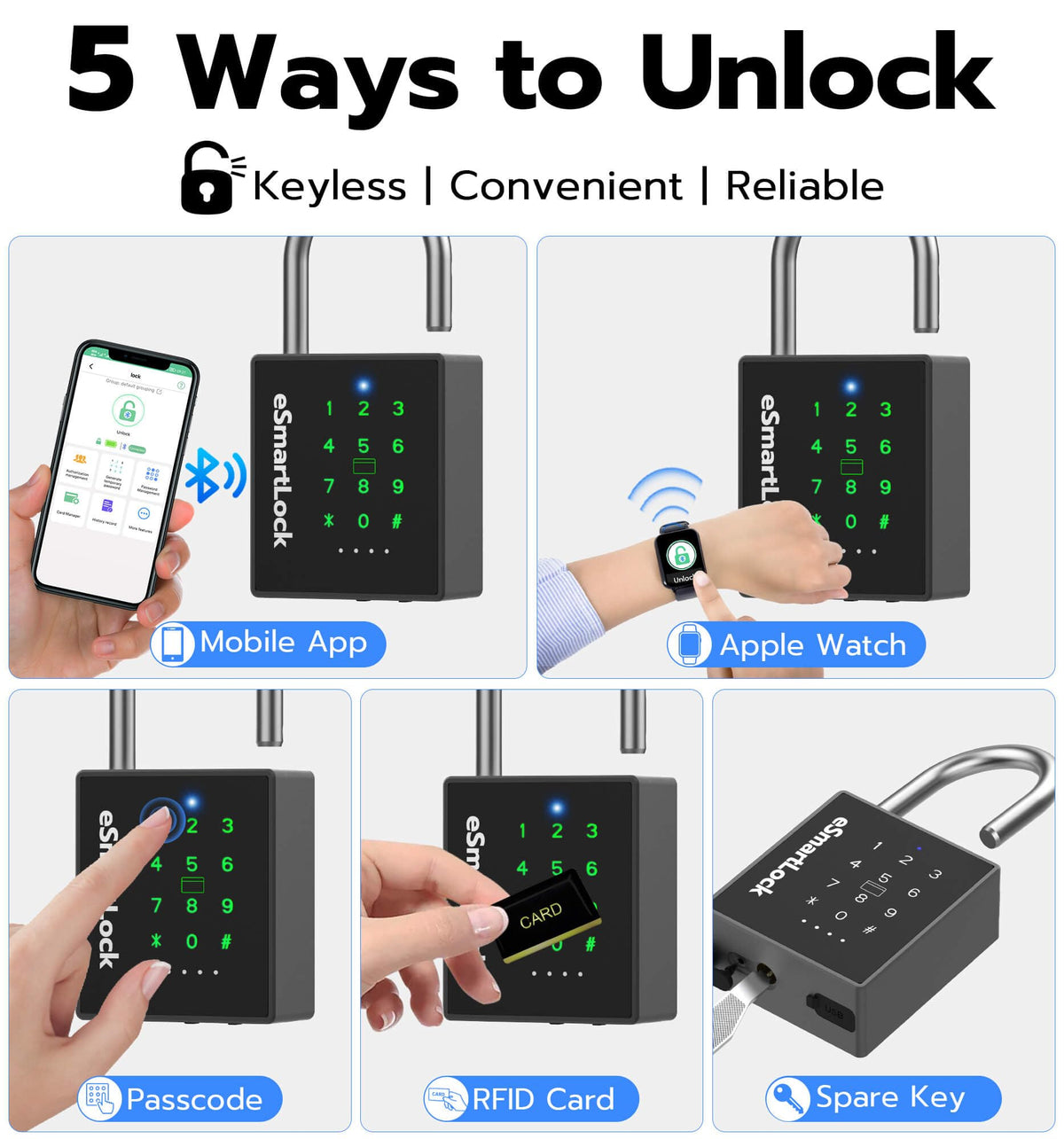 eLinkSmart Heavy Duty Smart Padlock with Key, Pad Lock with Code Keypad, Weatherproof Bluetooth RFID Keyless Electronic Digital Combination Lock for Gate Outdoor Fence Storage Unit Locker Shed Pool