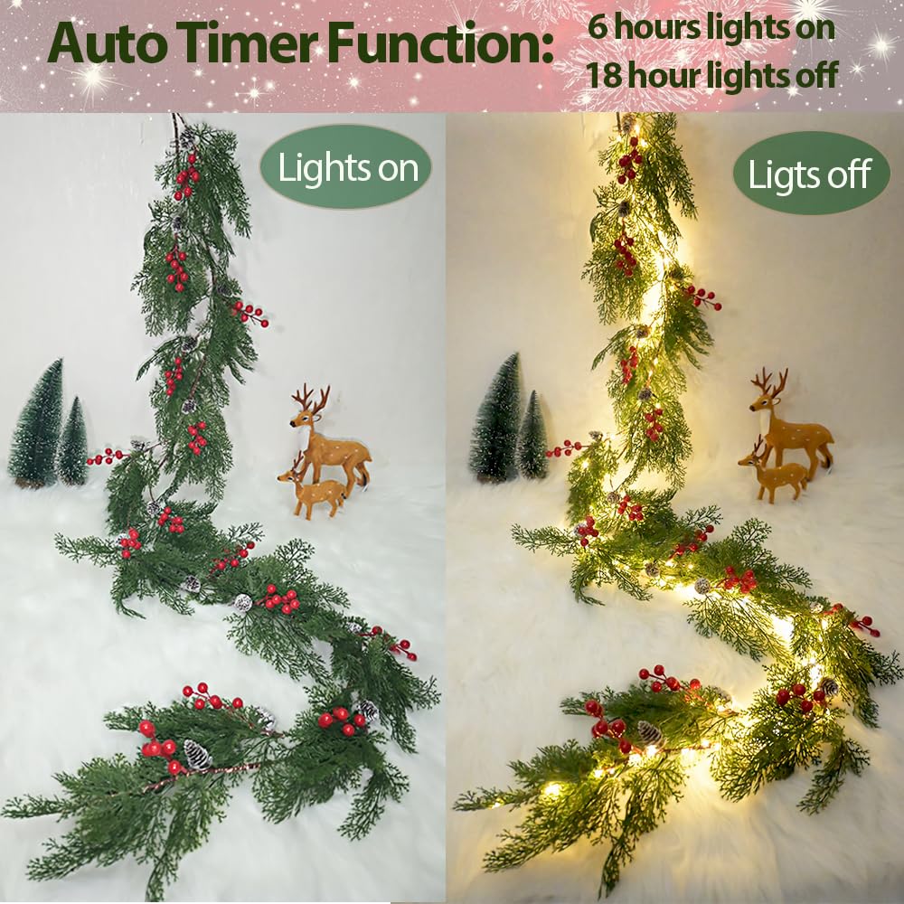 2025 New 6.56FT Christmas Garland Lights with 96 LED 8 Flash Modes Battery Operated Cypress Garland with Timer Lighted Xmas Pine Garland Christmas Decor for Mantle Fireplace Table Stairs Holiday