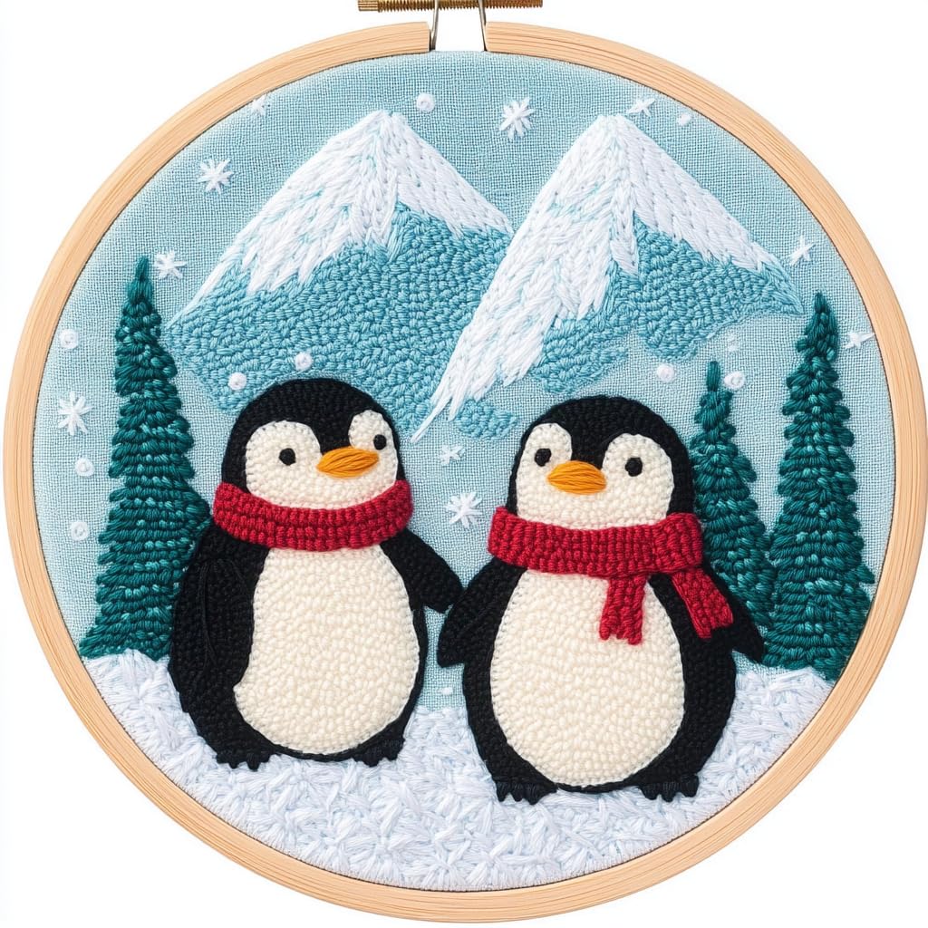 DIY Punch Needle Kits for Beginners Penguins Family with Snow Mountain with Hoop Punch Needle Starter Craft Embroidery Set Easy for Adults and Children Festival Gift and Decoration 20x20cm-1
