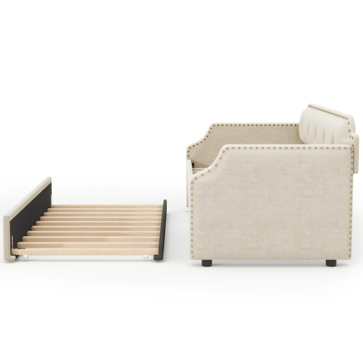Merax Upholstered Daybed with Trundle, Wood Slat Support,Upholstered Frame Sofa Bed, Twin, Beige