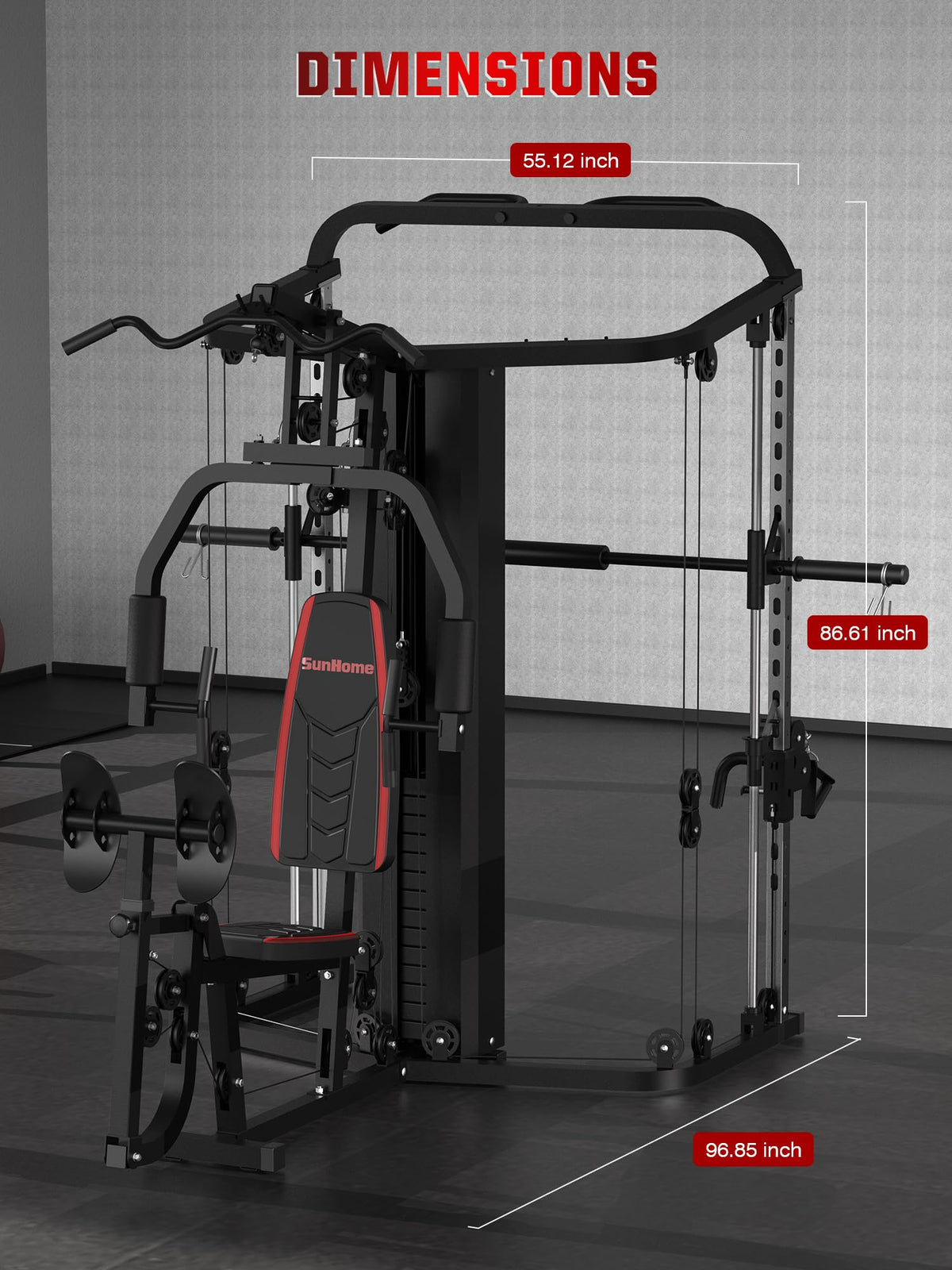 SunHome Multifunction Home Gym Equipment Workout Station, Smith Machine with 138LB Weight Stack and Bench, Leg Press, LAT Station for Full Body Training