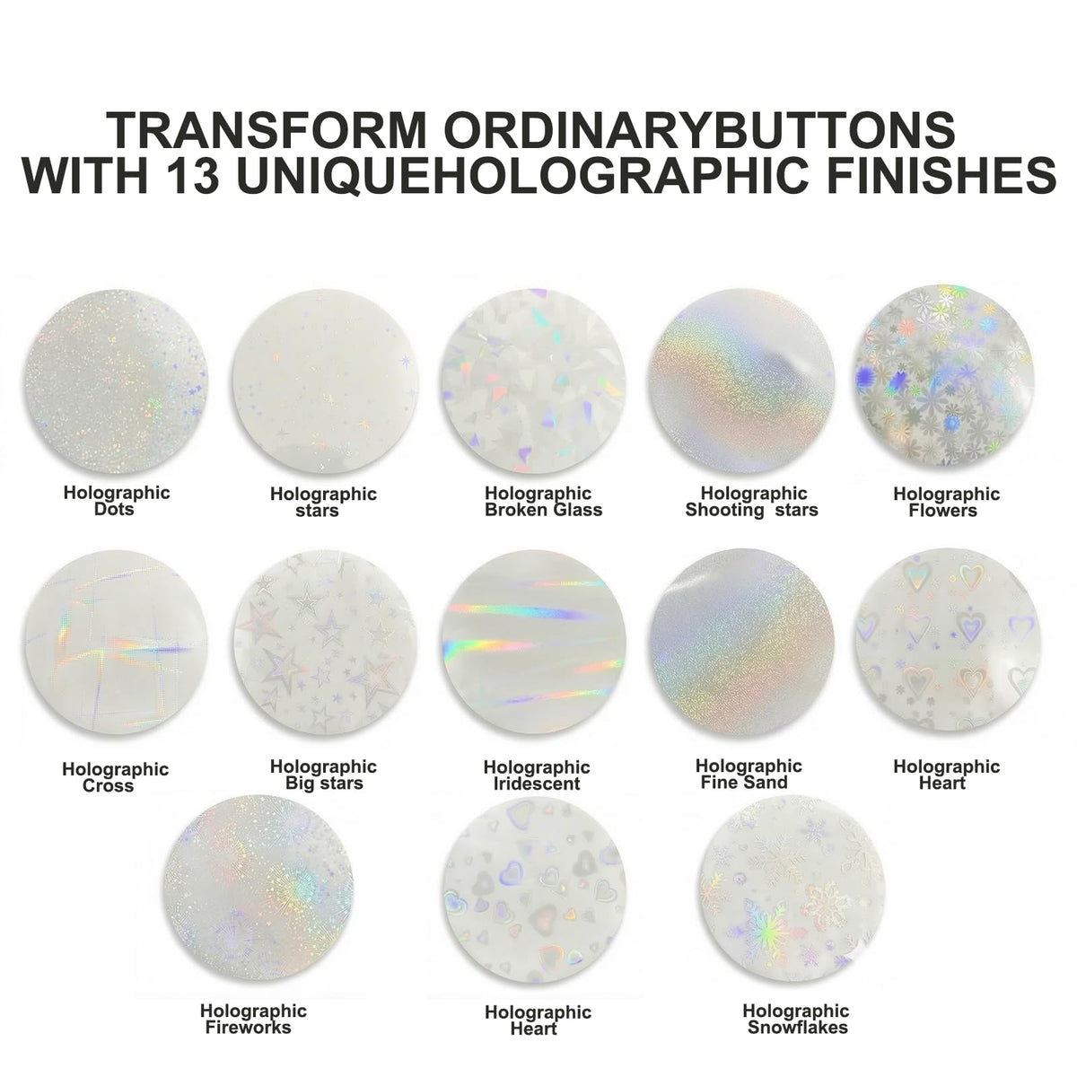 DAWZMR 390 Pcs Holographic Badge Film (13 Styles), Glitter Button Making Supplies for 2.25 Inch 58mm Machine, Round Badge Protective Film (Stars, Hearts, Broken Glass)