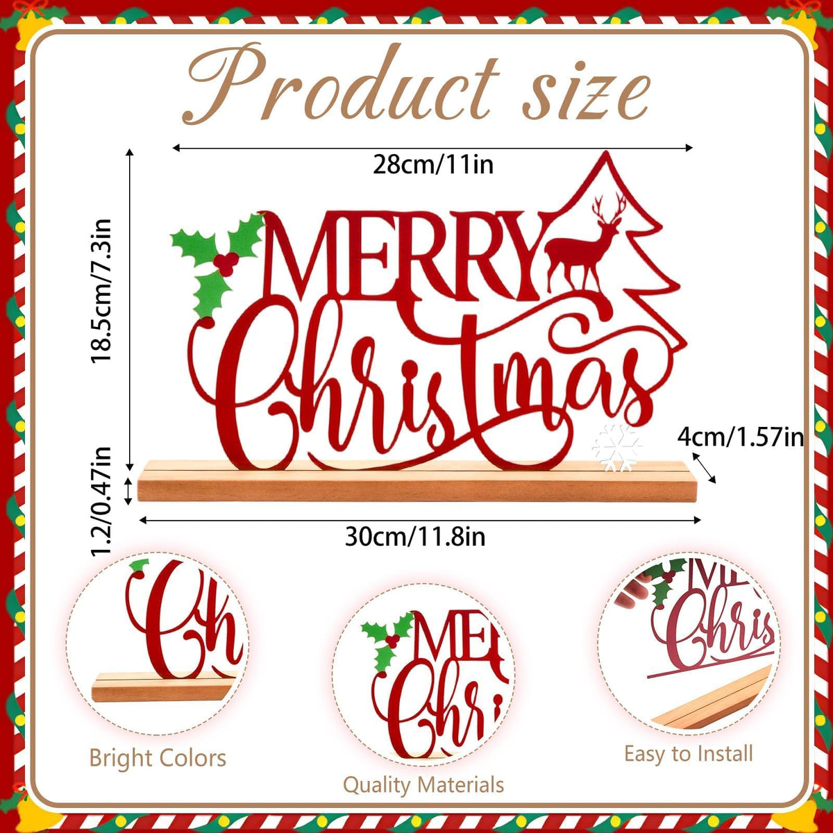 Metal Merry Christmas Table Sign Xmas Tabletop Centerpiece with Wooden Base Freestanding Rustic Tiered Tray Decor for Home Mantel Shelf Fireplace Decoration (Red)
