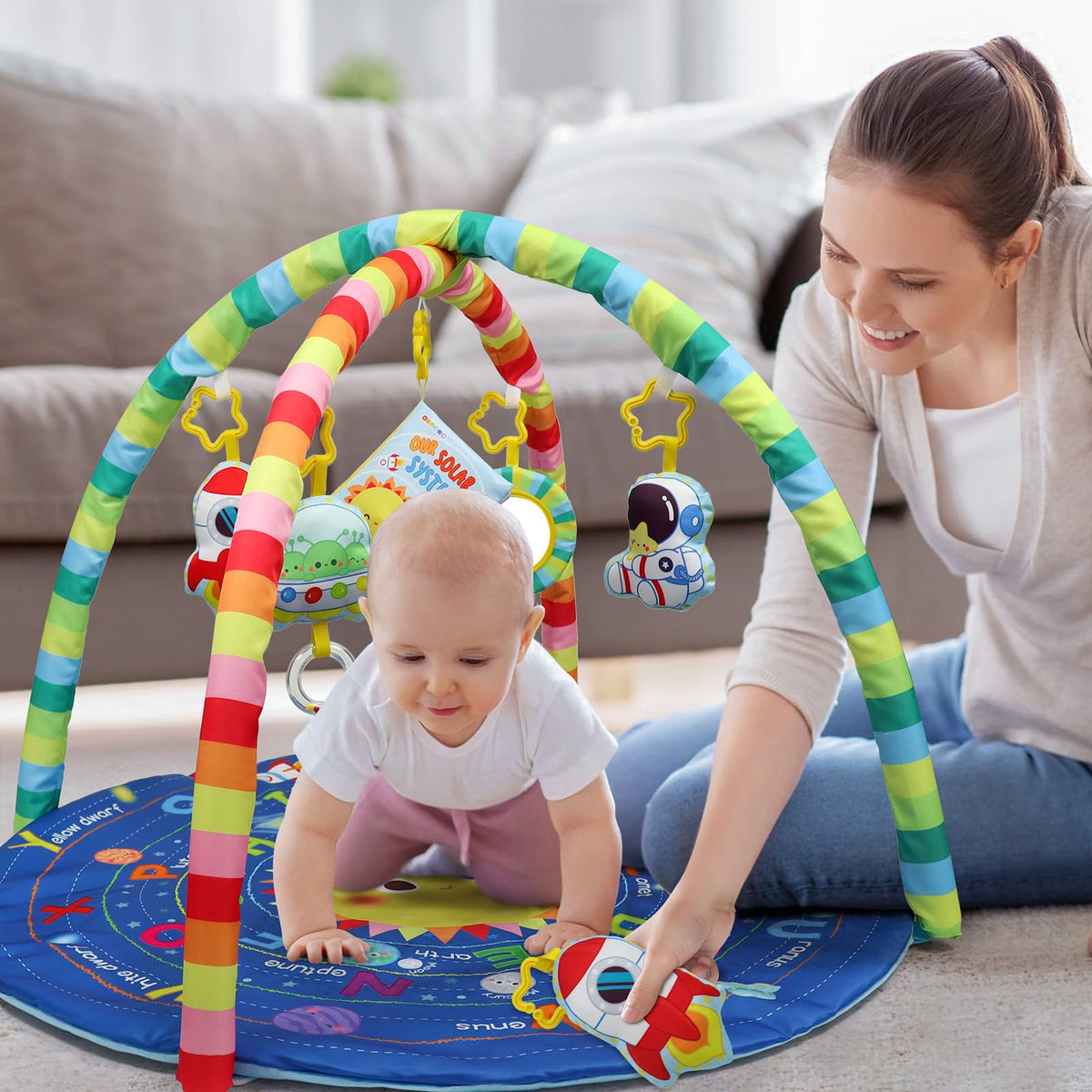 OKOOKO Baby Play Mat, Activity Baby Play Gym with Arch, Solor System Playmats & Floor Gyms, Alphabet Mat, Detachable Mirror, Thick Non Toxic Playmats for 0+
