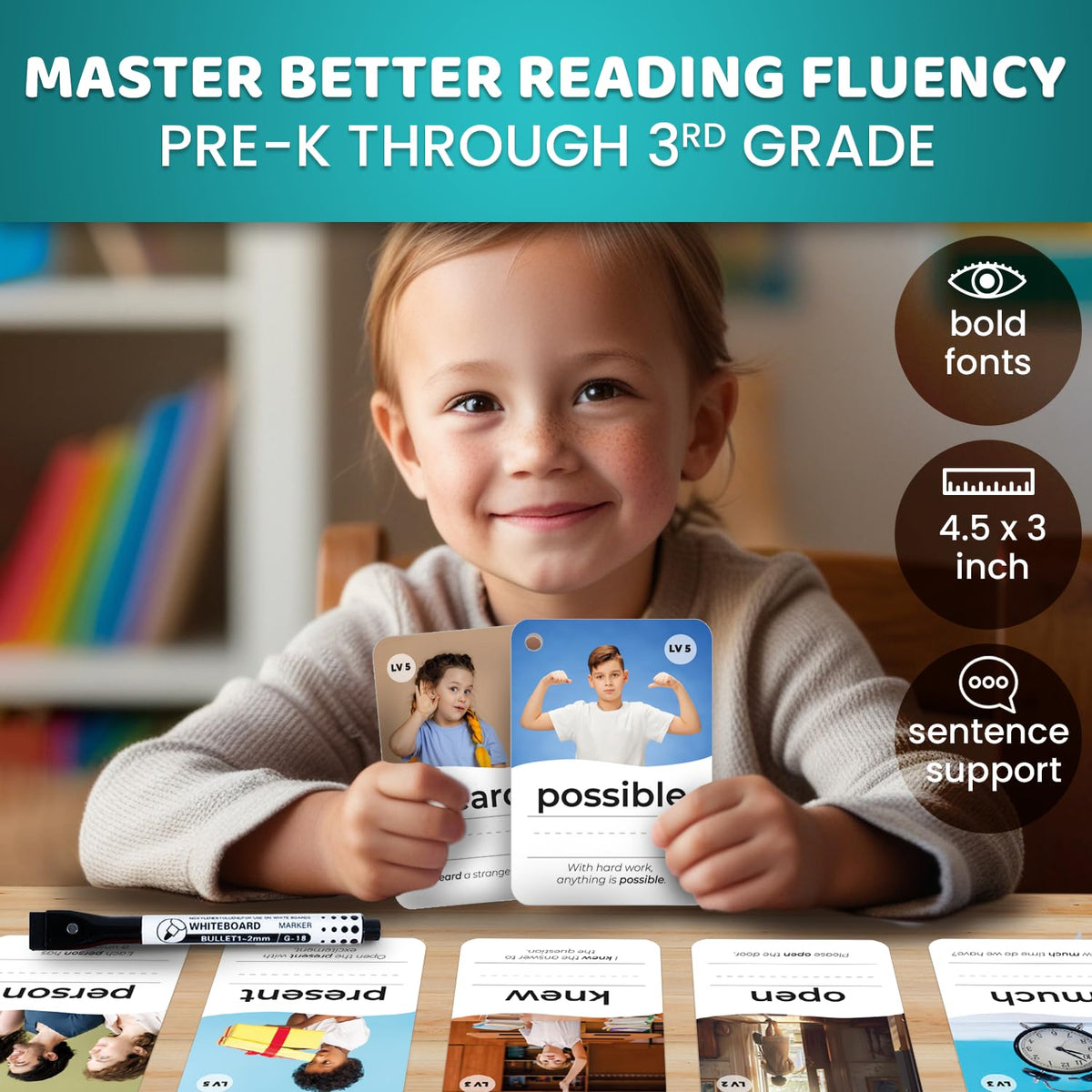 QUOKKA 520 Sight Words Flash Cards for Kids Adults – from Pre-K to 3rd Grade – 5 Levels & Bold Font & Jumbo Size & Dry Erase Cards with Realistic Images & Rings – Based on Dolch & Fry Word Lists