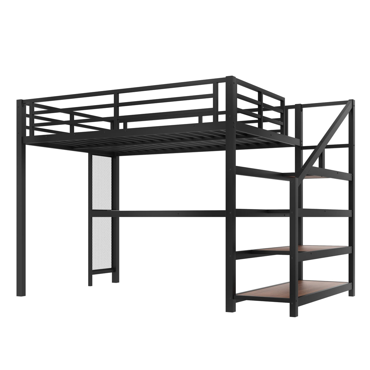 Full Size Loft Bed with Desk and Storage Stairs, Metal Loft Bed Frame with LED Lights, Charging Station, and Multi-function Iron Nets, Loftbed for Kids, Teens, Adults, Noise-free, Black and Wood