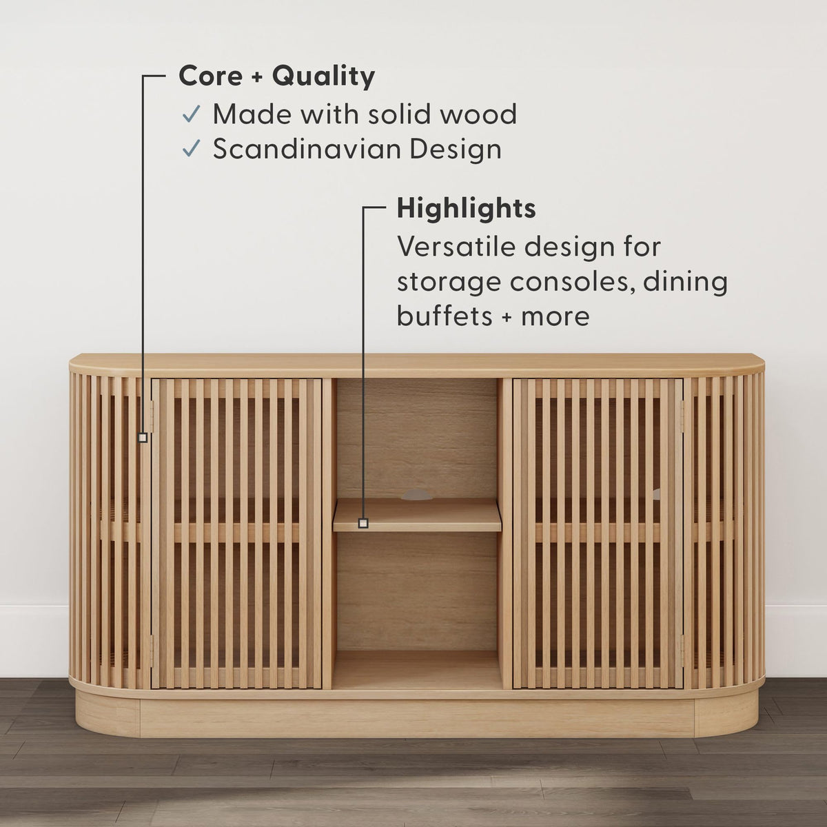 Plank+Beam Contour Wood TV Stand, Two Door Solid Wood Entertainment Console with Storage, 59" L x 16" W x 30" H, Blonde
