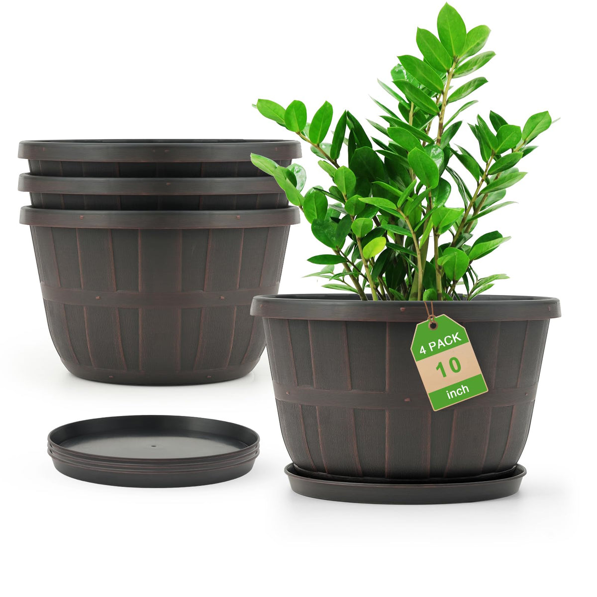 Quarut 10 inch Plastic Flower Pots for Outdoor Plants，4 Pack Large Outdoor Planter Pot with Drainage Holes & Saucers，Imitation Wine Barrel Design，for Indoor Outdoor Garden Plants（Brown）