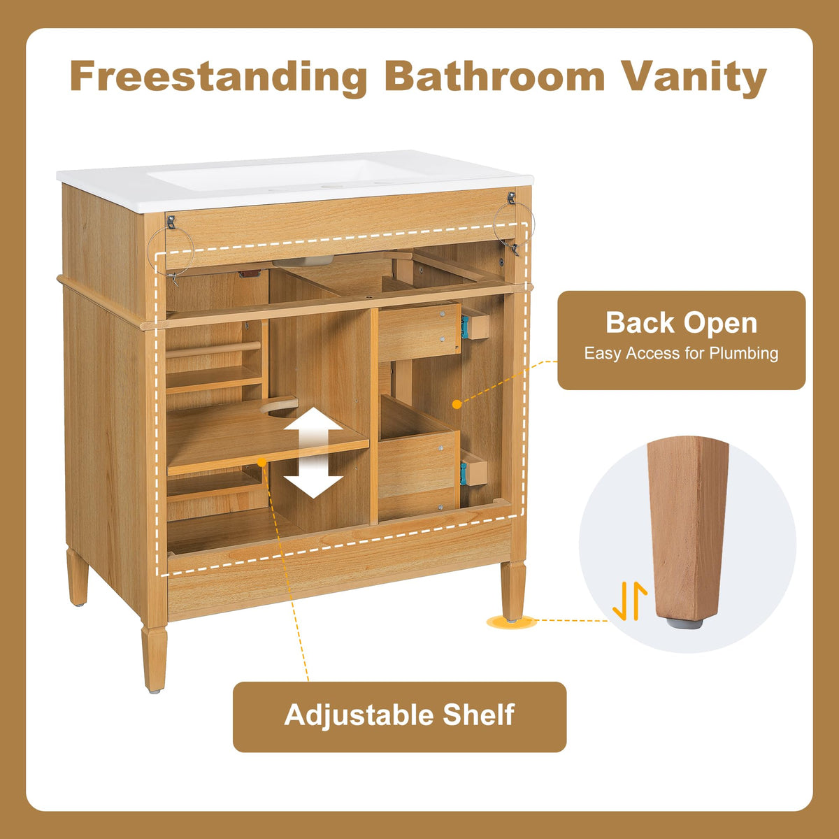 Bathroom Vanity with Sink 30 Inch, Tip-Out Drawer and Door Rack, Adjustable Shelf, Soft-Closing System, Solid Wood Legs, Wood