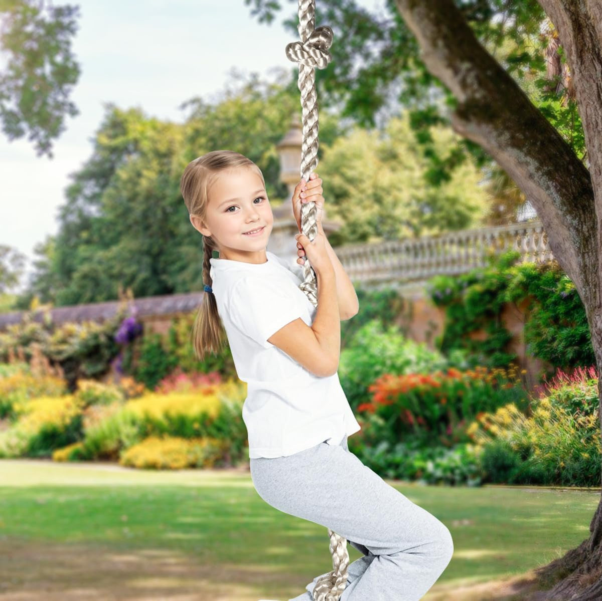 MONT PLEASANT Climbing Rope for Kids, 8.2 FT Long with 4 Knotted Steps, Playground Accessories, Rope Swing for Obstacle Course, Treehouse Swingset Accessories Training for Kids Outdoor（Grey）