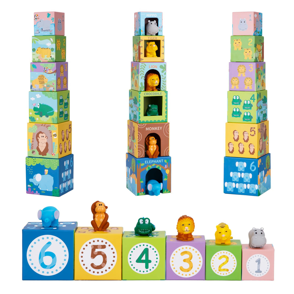 Sorting and Stacking Toys Blocks for Toddlers 1-3, Soft Safari Animal Bath Toys Age 2-4, Numbers Nesting Stackable Toys for Baby 12-18 Months, Montessori Toys Gifts for 1 2 3 Year Old Boys Girls