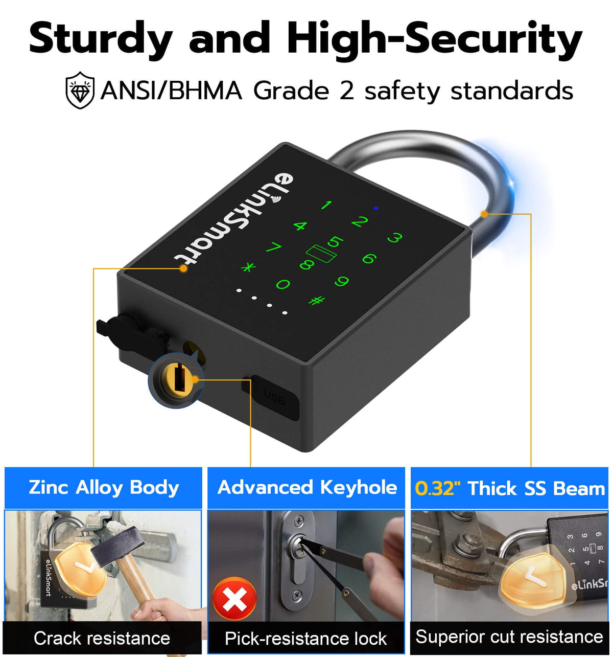 eLinkSmart Heavy Duty Smart Padlock with Key, Pad Lock with Code Keypad, Weatherproof Bluetooth RFID Keyless Electronic Digital Combination Lock for Gate Outdoor Fence Storage Unit Locker Shed Pool