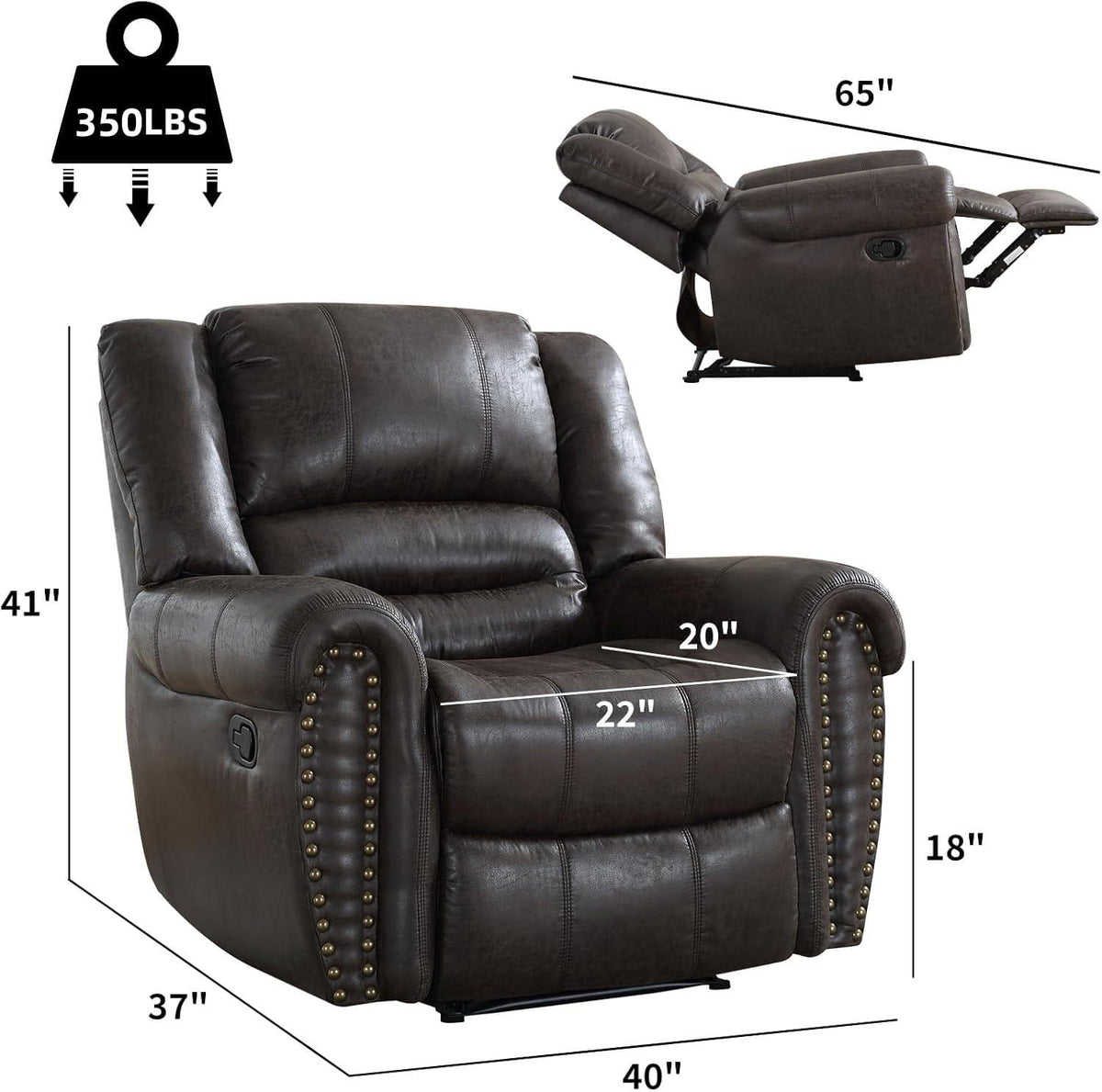 CANMOV Leather Recliner Chair, Classic and Traditional Manual Recliner Chair with Comfortable Arms and Back Single Sofa for Living Room, Dark Grey