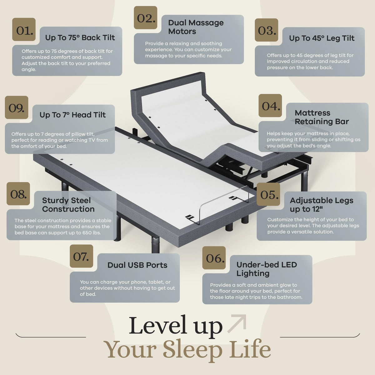 Sven & Son Harmony Adjustable Bed Base, Head and Foot Lift, Massage, Under-Bed Lights, USB, Gel Memory, Zero Gravity Smart Frame - Split King + 12 inch Memory Foam Matt (Medium)