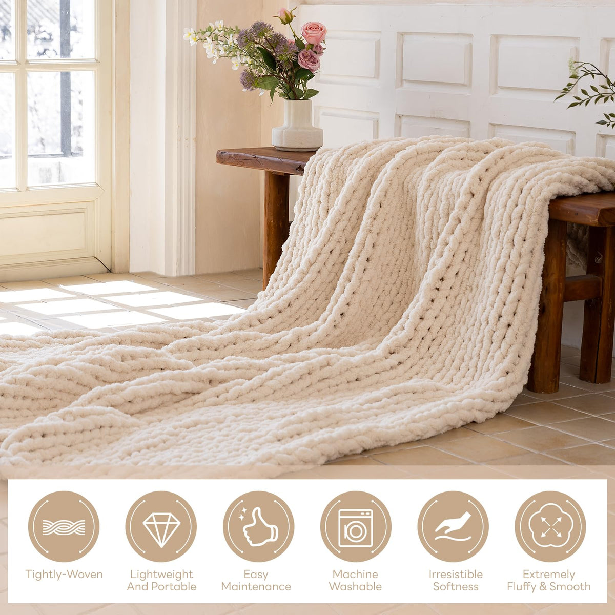 Larexius Chunky Knit Blanket - Luxury Soft Cozy 50 * 60 Throw Blanket,100% Woven Blanket Rope Knot Throw Blanket for Couch, Sofa, Home Decor, Gift - Machine Washable (Cream, 50 * 60)