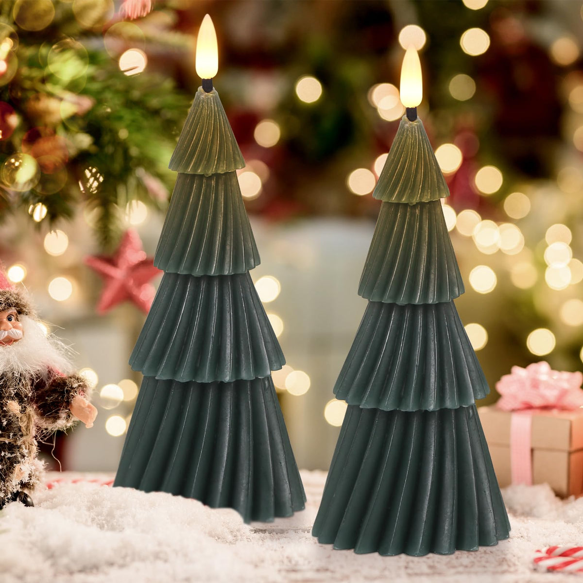 Lasumora Christmas Tree Spiral Skirt-Shaped Flameless Candles with 6H Timer, 2 Pcs Battery Operated LED Pillar Candle with Flickering 3D Wick, Green Candles for Home Décor Christmas Gifts