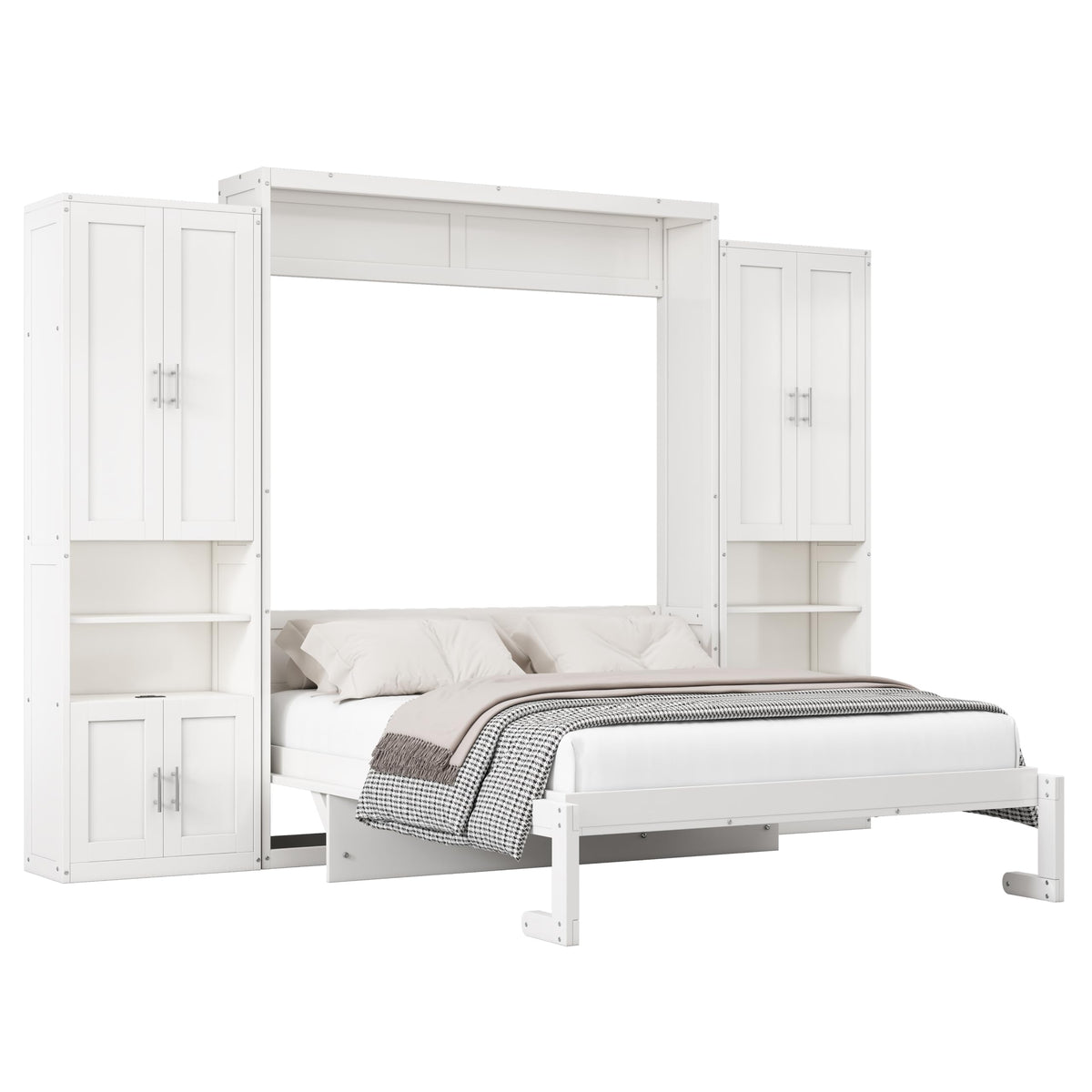 DNYN Queen Size Murphy Bed with Desk & Two Slide Storage Shelf for Small Space,Bedroom,Guest Room,Wooden Wall Bedframe w/Folding into Cabinet Design,Super Save Space & No Box Spring Needed, White