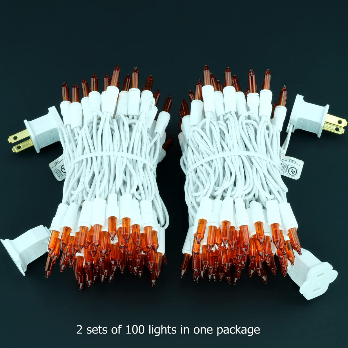 YULETIME 200 Orange Christmas String Lights, 2-Set 21 ft 100 ct White Wire