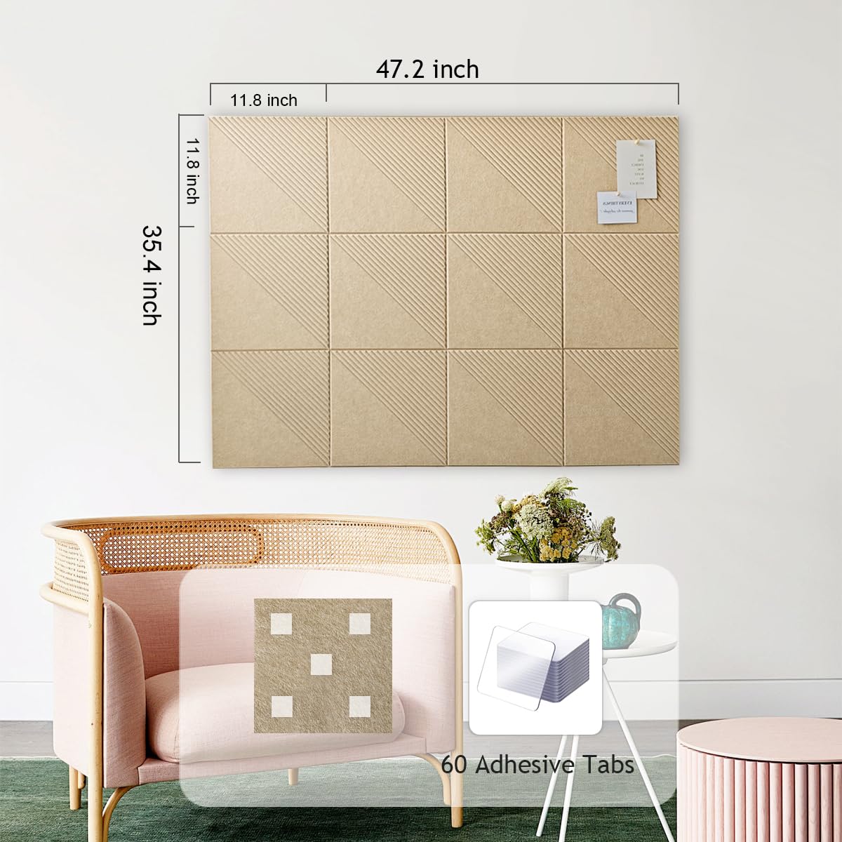Large Cork Board for Walls 48"x 36", 12 Pack Felt Wall Tiles with Safe Removable Adhesive Tabs, Cork Board for Office,Pinboard Bulletin Board - Tan