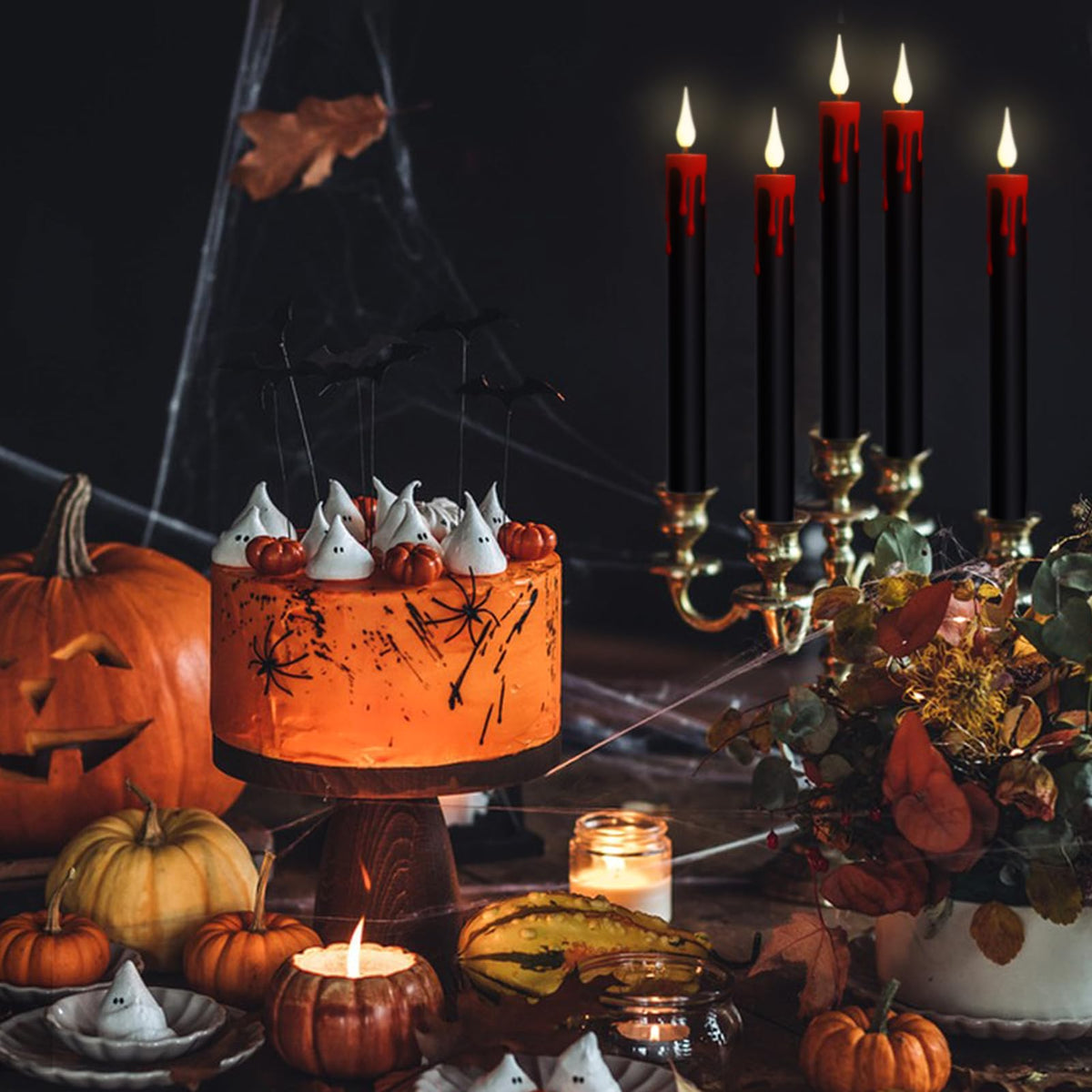 GenSwin Halloween Black Taper Flameless Candles Battery Operated with Remote Timer, 4 Pcs Drip Wax Flameless LED Candle Sticks with 3D Flickering Flame for Window Fireplace Decor (0.78 x 8.9 inches)