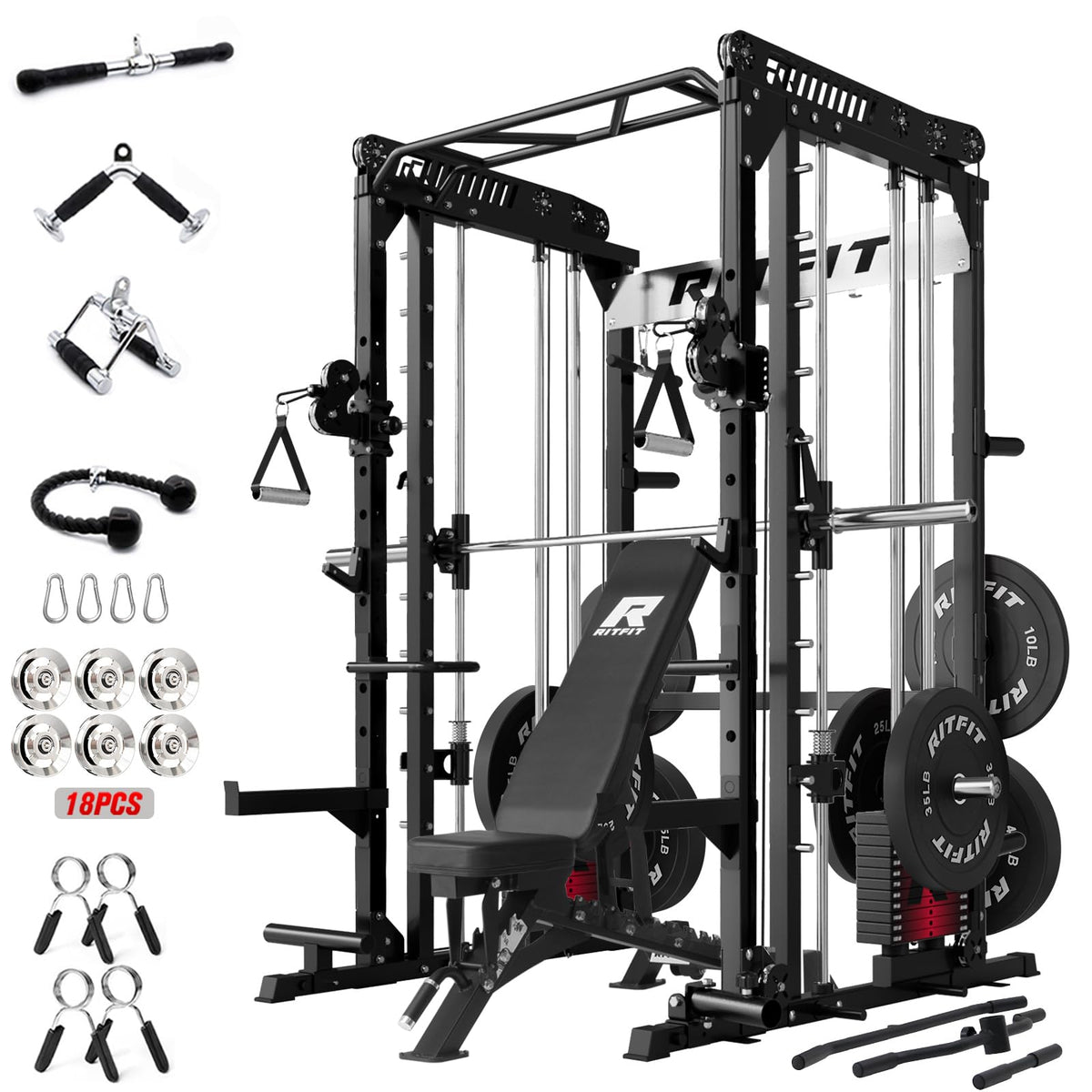 RitFit M1 Pro Smith Machine Package, All-in-One Power Cage with Weight Stack Set, Includes LAT Pulldown & Cable Crossover System for Home Gym