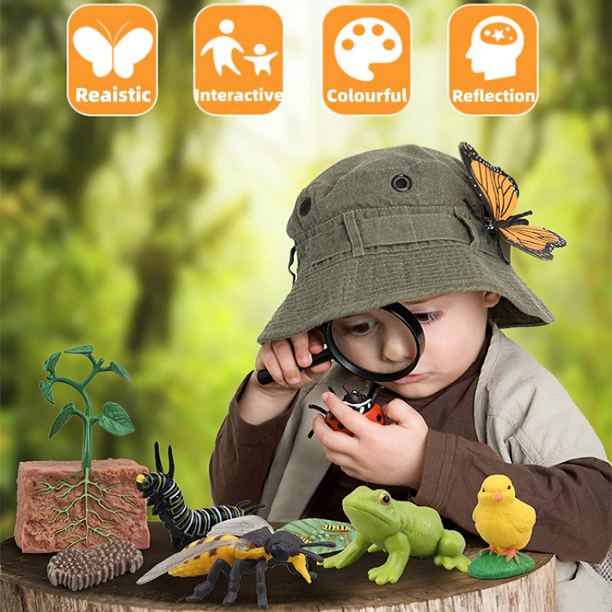MIKNEKE Montessori Life Cycle Animal Figures with Flash Cards, Realistic Animal Figurines Toy, Educational Matching Game for 3+ Year Old Toddlers Kids (Ladybug)