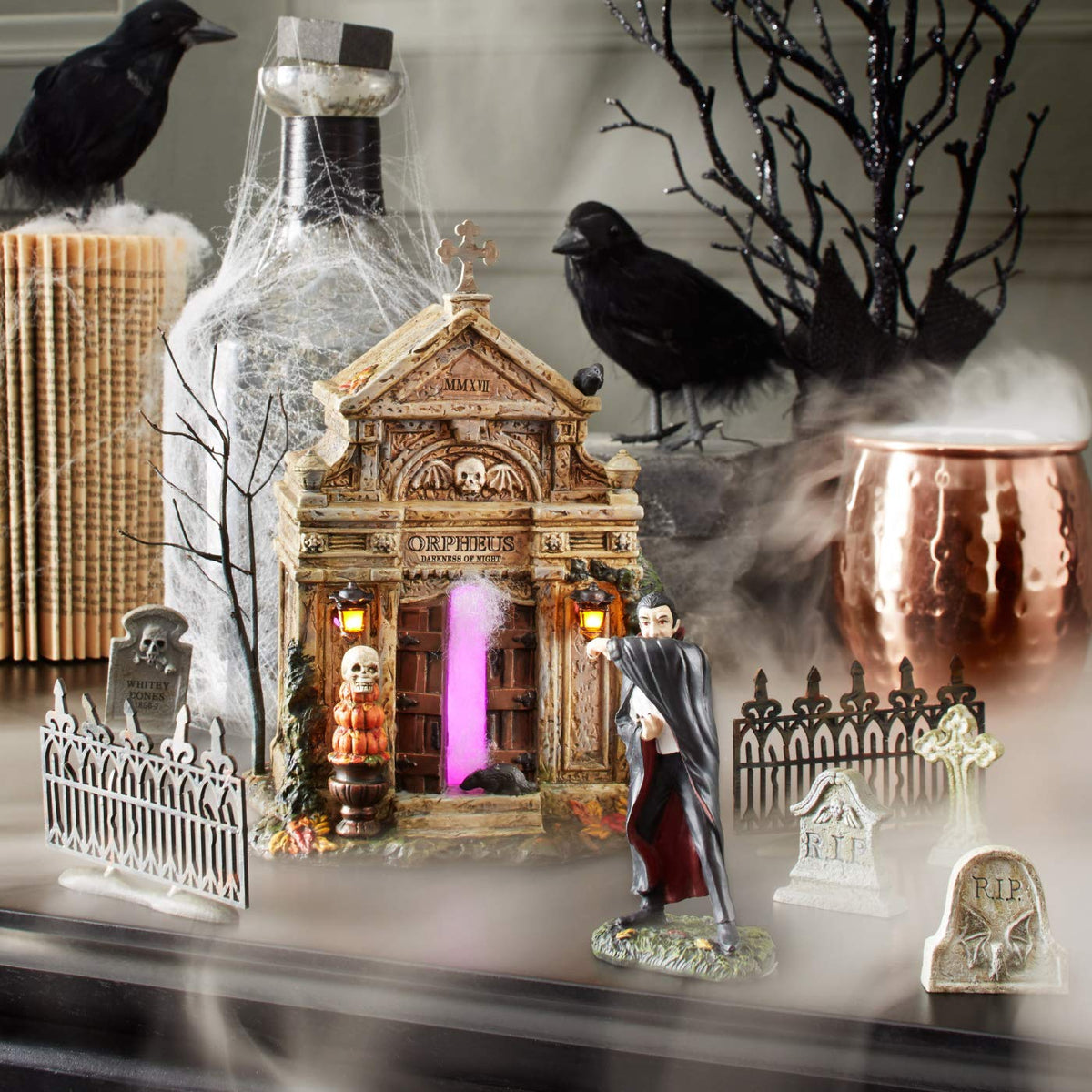 Department 56 Halloween Accessories for Village Collections Spooky Wrought Iron Fence Figurine Set, 2 Inches, Black