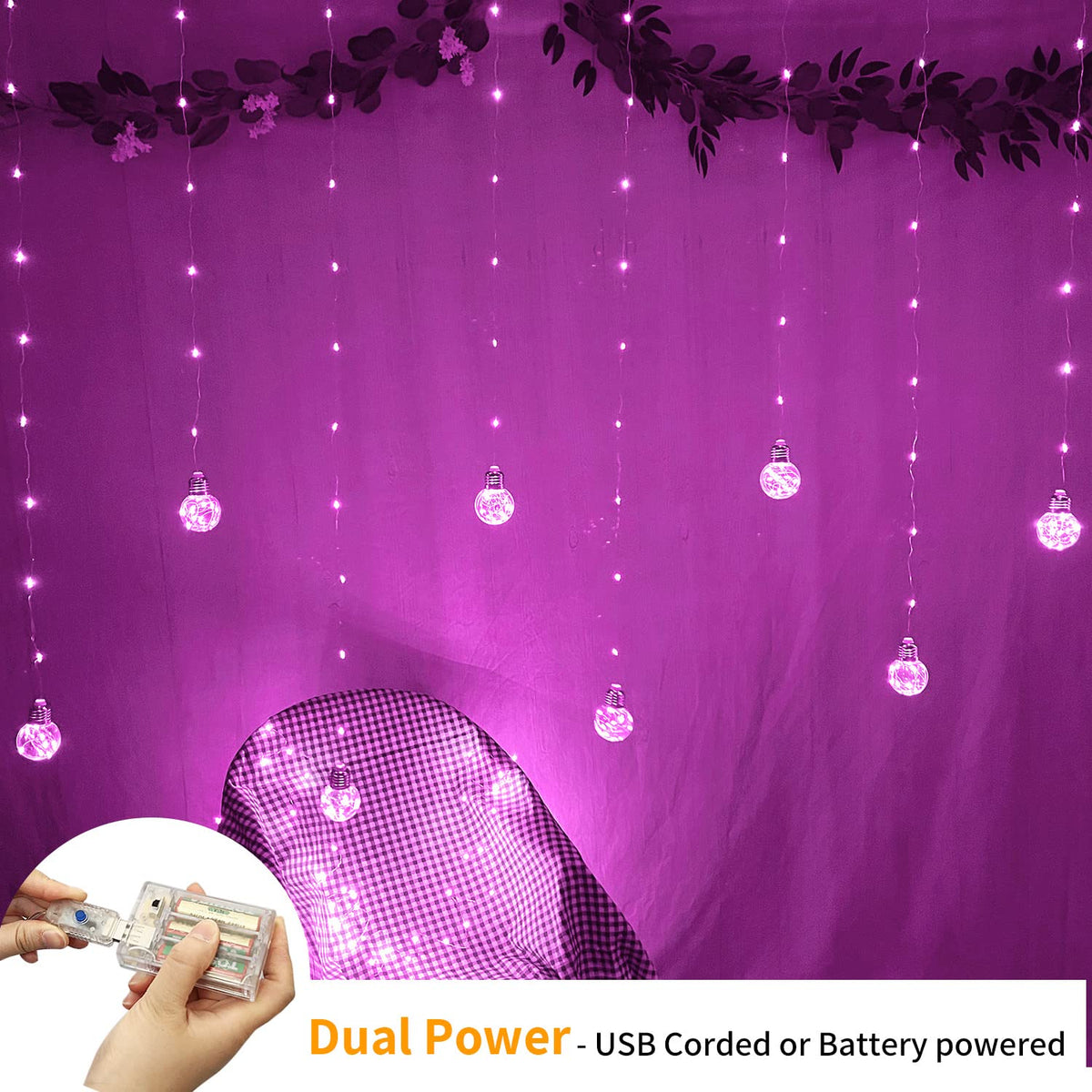 YOLIGHT Wishing Ball Curtain Lights 200 LED Window Curtain String Light with Remote, USB Battery Powered Twinkle Globe Fairy Lights for Wedding Party Bedroom Christmas Decoration (Pink)