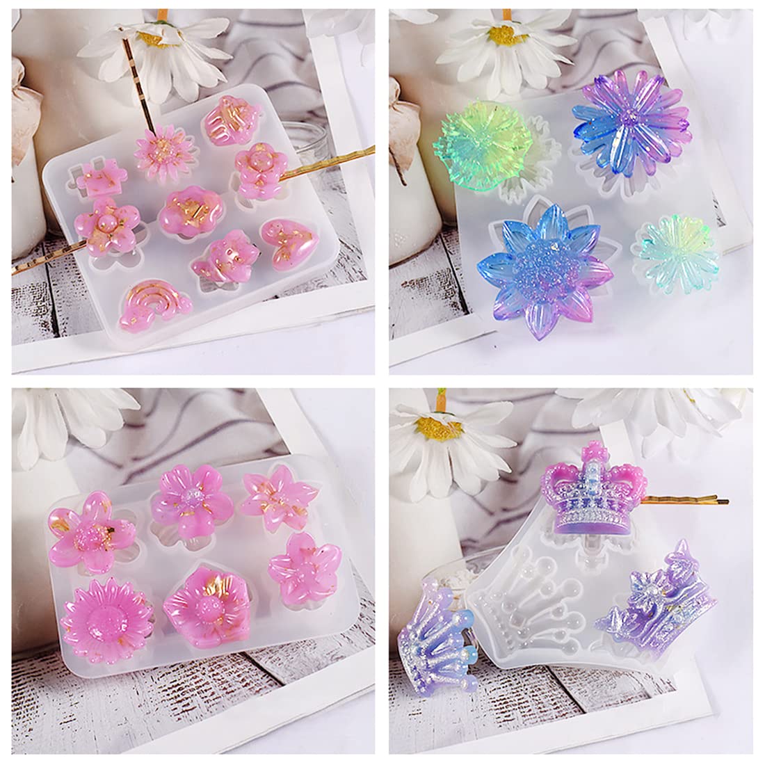 Voyyphixa 8PCS Resin Hair Clip Molds with 20 Golden Hair Pins Accessories Hair Barrettes Silicone Molds for Epoxy Resin Jewelry Resin Casting Molds for DIY Bookmark, Pendant Charm Decoration