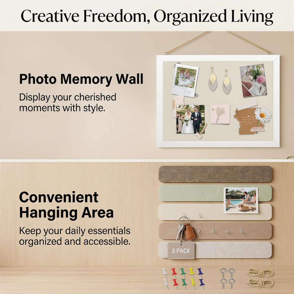 OKSON Bulletin Board Set, 2-Pack 12"x16" Framed Linen Cork Boards for Walls & 8-Pack Felt Strips, Decorative Pin Board & Vision Board for Home Office Decor, Includes Push Pins & Hardware