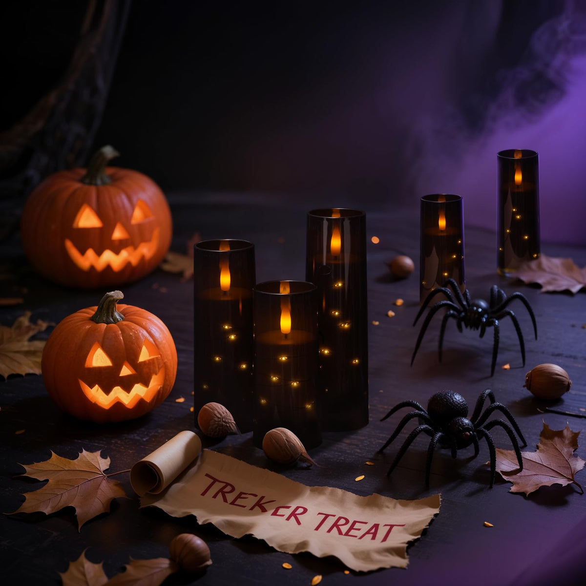 Raycare Flameless Candle with Remote Timer – 9 Flickering Acrylic Battery Operated LED Pillar Candles with Embedded Star String for Halloween, Home Decor, and as a Gift (Black)
