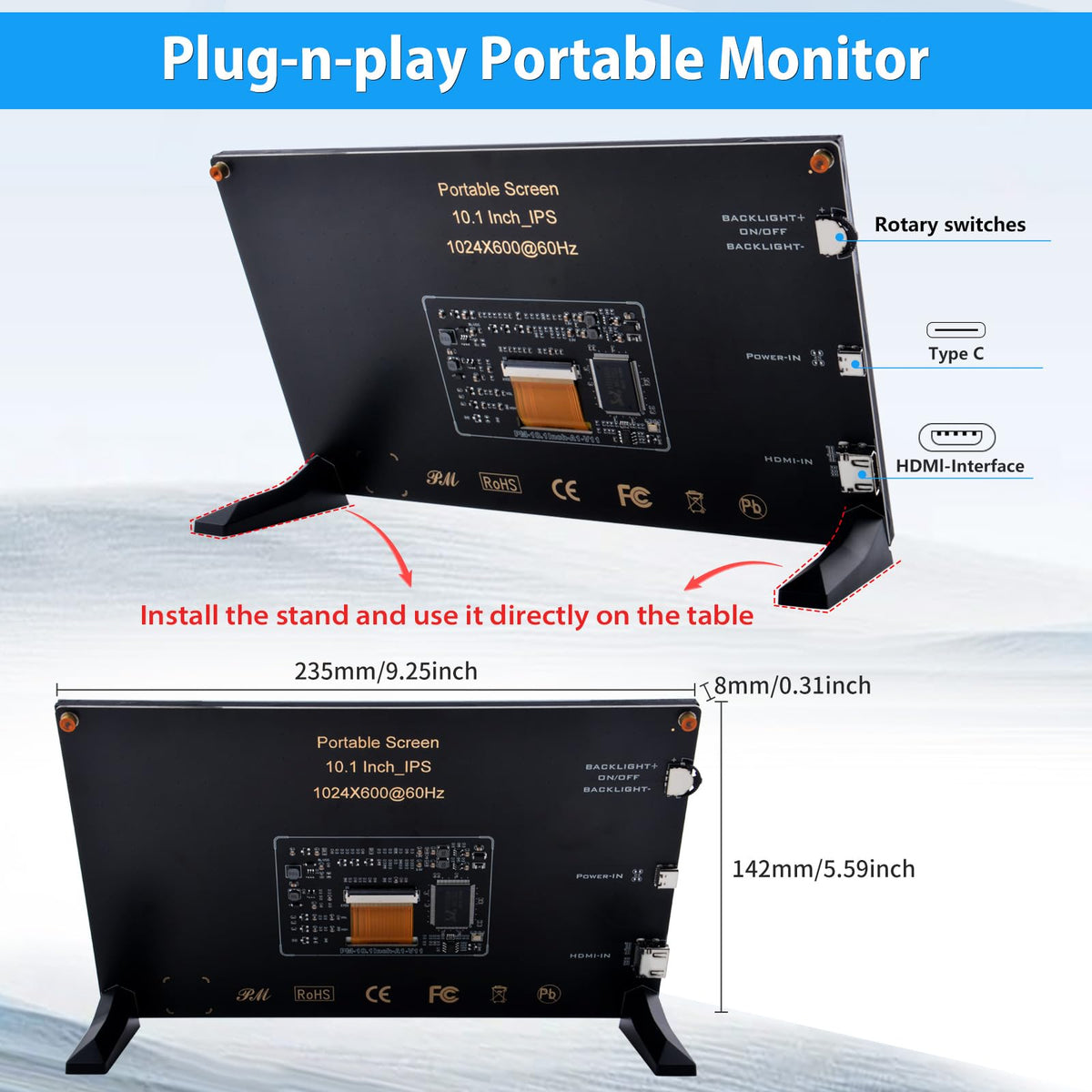 GeeekPi 10.1 Inch LCD Screen for Raspberry Pi, 1024x600 IPS LCD Display, HDMI Portable Monitor for Raspberry Pi 5/Pi 4B/3B+/3B/B+/Zero/400, Win11/10/8/7, Free Driver (Non-Touch)