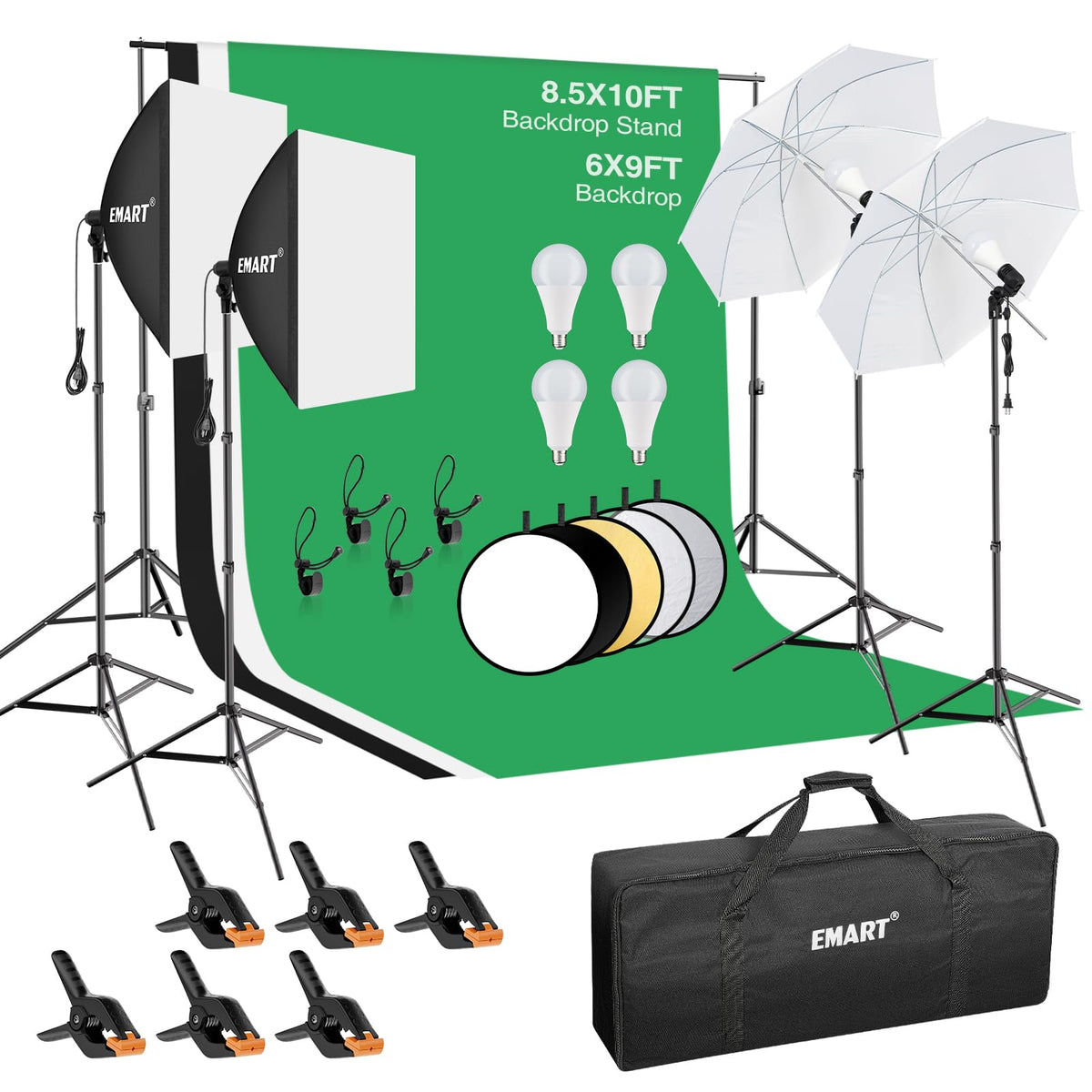 EMART 8.5 x 10 ft Backdrop Support System, Professional Photography Lighting Kit with 5500K 50W LED, 6 * 9ft Backdrop *3, Reflector,Umbrellas&Softbox Lighting Kit for Studio, Portrait, Video Shooting