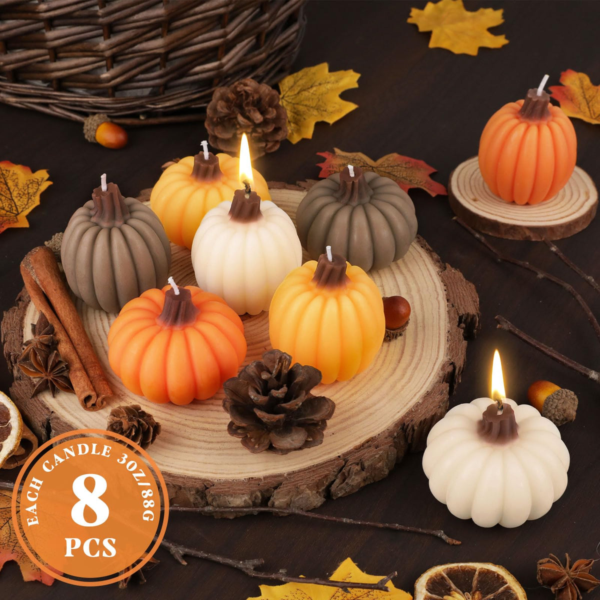 Lanpn Fall Scented Candles Gift Set 8 Pack, Pumpkin Shaped Spice Candle, Thanksgiving Aromatherapy Candles, Orange Soy Wax Votive Tea Lights, Autumn Home Farmhouse Table Decor Tabletop Centerpiece
