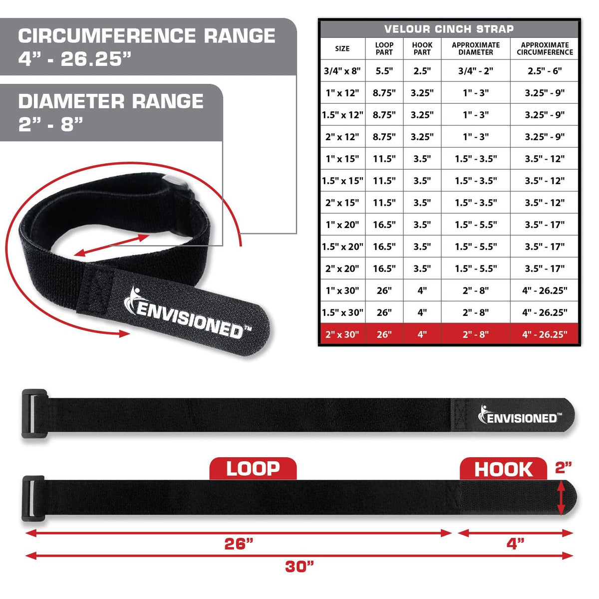 Soft Touch Cinch Straps 2" x 30" - 6 Pack, Velour Microfiber Reusable Hook and Loop Material