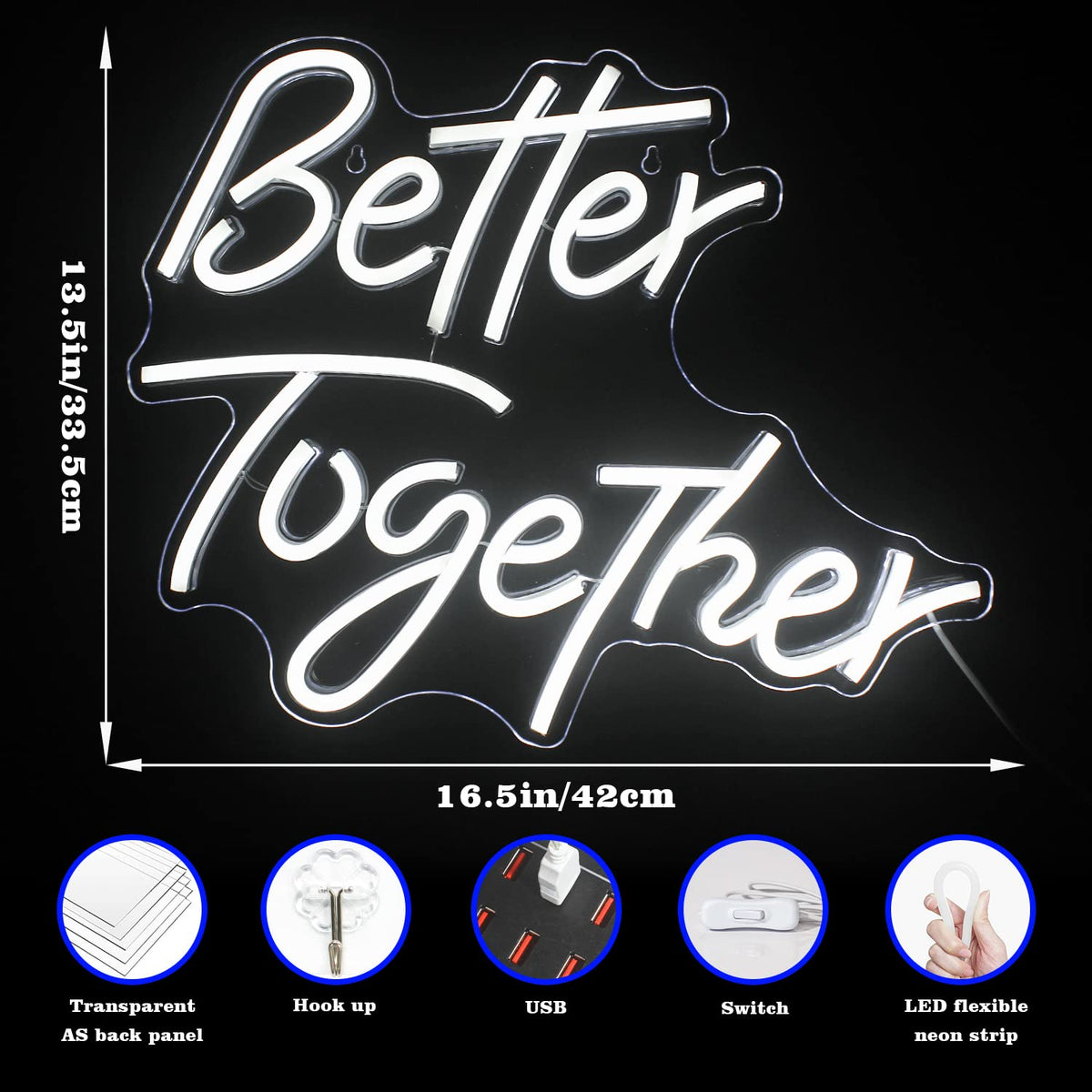 Looklight Better Together Neon Sign Led Lights Decor for Room Wedding White Neon Signs Letters Neon Light for Wall Decor Wedding Engagement Celebrate Party Connectivity