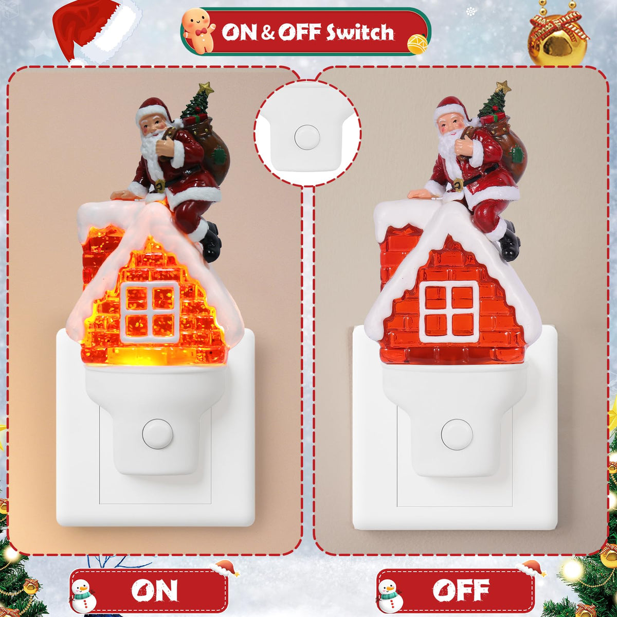 Christmas Santa Night Light Plug into Wall Glitter Water Nightlight with USB/Outlet Options, Christmas Decorative Nightlight for Bedroom Kitchen Nursery Hallway Holiday Decorations Gifts (Santa)