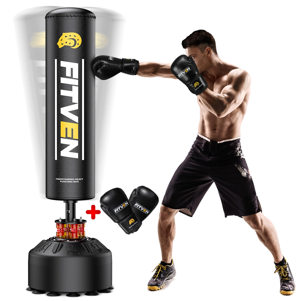 FITVEN Freestanding Punching Bag 70''-190lbs with Boxing Gloves Heavy Boxing Bag with Suction Cup Base - Men Stand Kickboxing Bag for Home Office