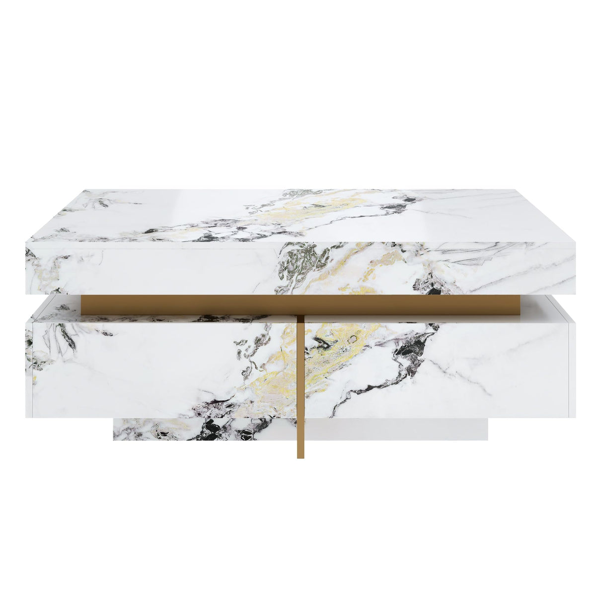 Merax 43.3 Inch Modern Large Square Coffee Table with Marble Textured Top, 4 Built-in Drawers Ample Storage and Floating Suspended Base, Modern Elegance White MDF Storage Center Table for Living Room