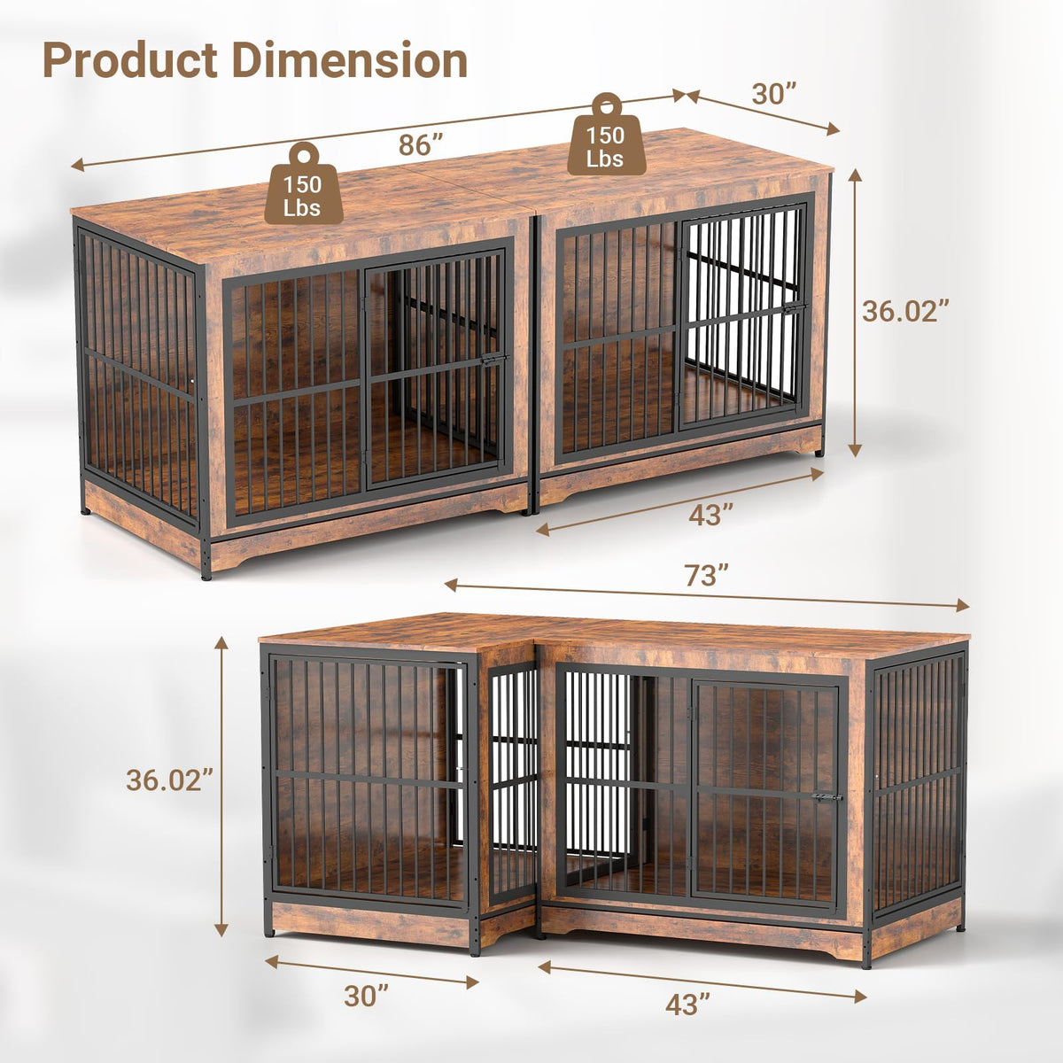 Rovibek Double Dog Crate Furniture, 86 Inch, 2 Dog Crate with Removable Divider & Trays, Furniture Style Dog Cage for 2 Dogs Indoor with Three Doors, Rustic Brown