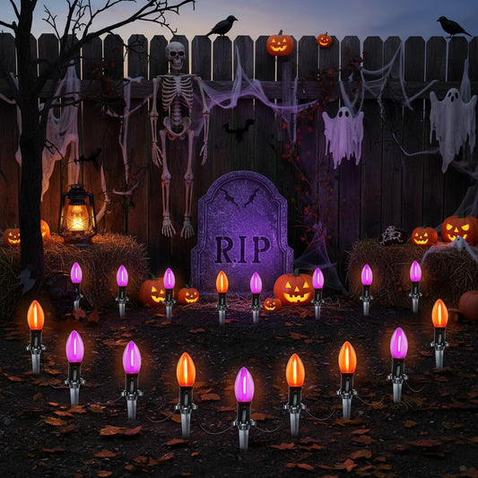 10 Pack Halloween Pathway Lights Outdoor, 19.5ft Extendable C9 LED Stake Lights with Orange & Purple Bulbs, Connectable Marker Lights for Garden, Yard, Driveway, Porch & Sidewalk Halloween Decor
