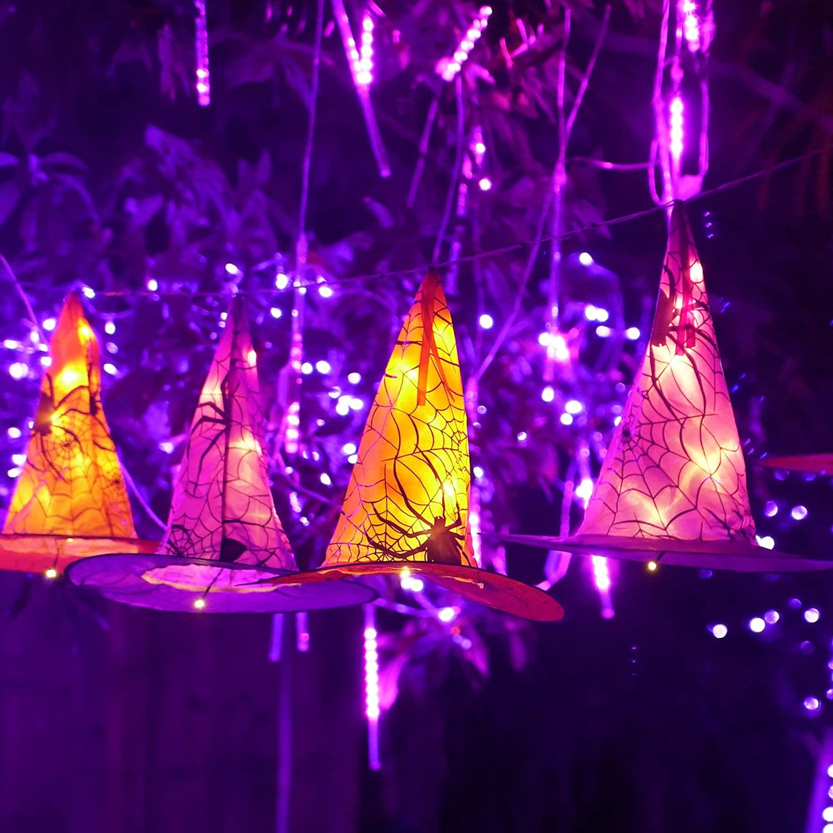 Dazzle Bright 8 Pcs Hanging Witch Hat String Lights, Light Up Waterproof Halloween Decorations with Remote Control for Outdoor Garden Party Carnival Supplies Decor