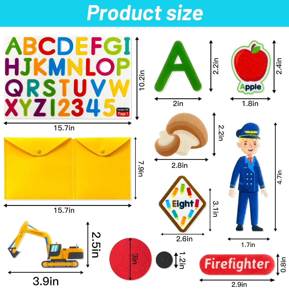 PENGFULL 5 Felt Learning Pieces Set,Alphabet Letters Fruits and Vegetables Numbers Community Helpers Transportation Learning Pieces,for Felt Flannel Board, for Toddlers Kindergarten Preschool