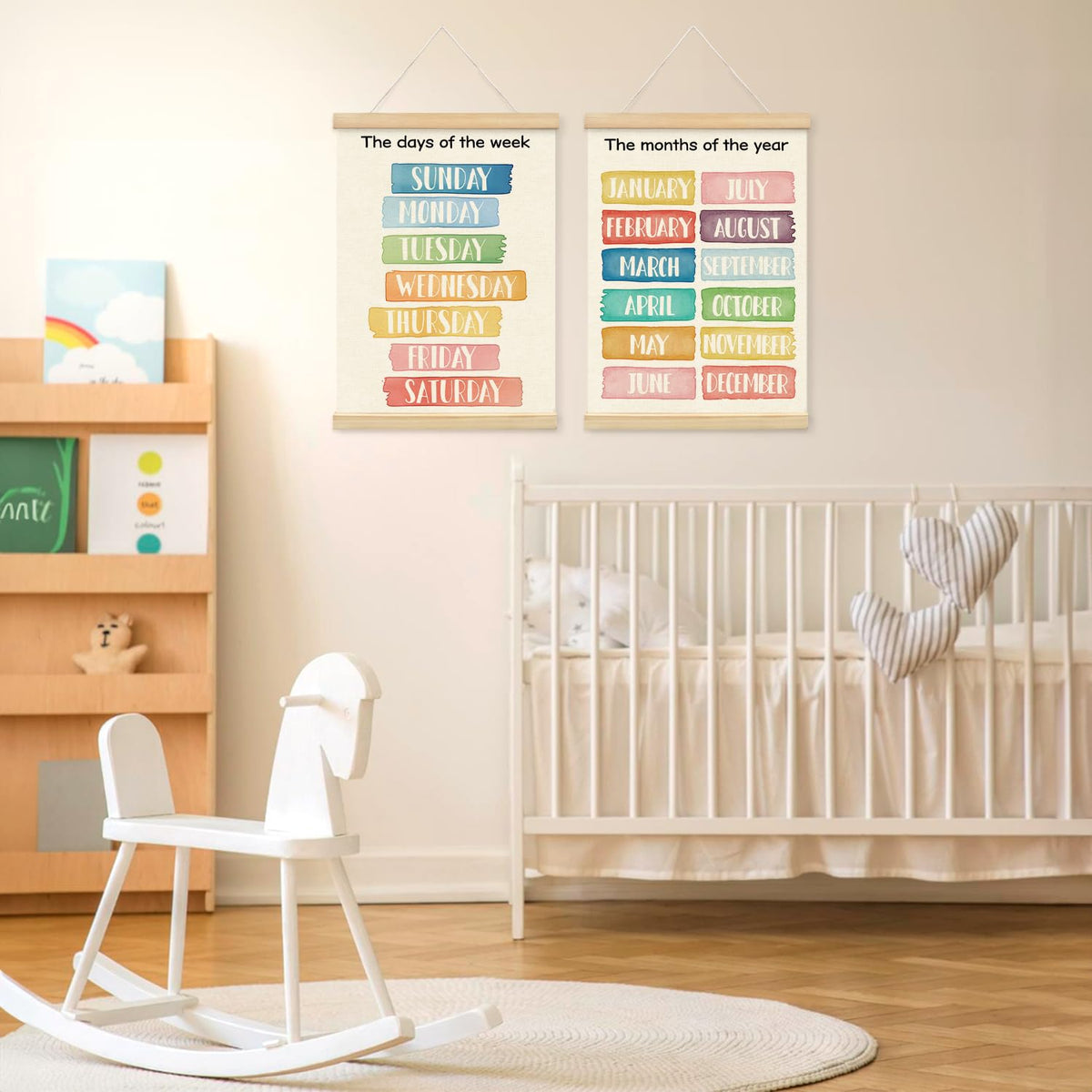 Lacama Week Month Decor Poster Hanger Frame Set of 2, Educational Posters,Preschool Wall Art with Wooden Frames, Boho Classroom Wall Hanging Banner Decor for Toddlers Room Playroom, 12x16 Inch