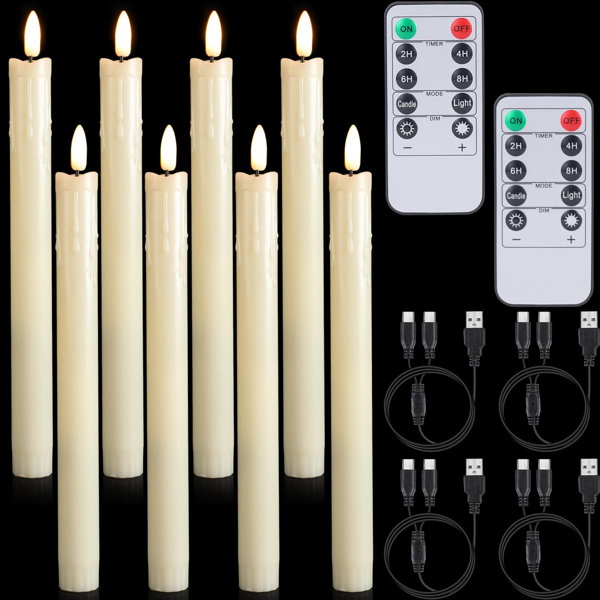 Retisee 4 Sets Rechargeable Flameless Taper Candles with Remote and Timer 9.8" Battery Operated Flickering Pillar Candles LED Dripless Wax Candlesticks for Christmas Home Window Fireplace