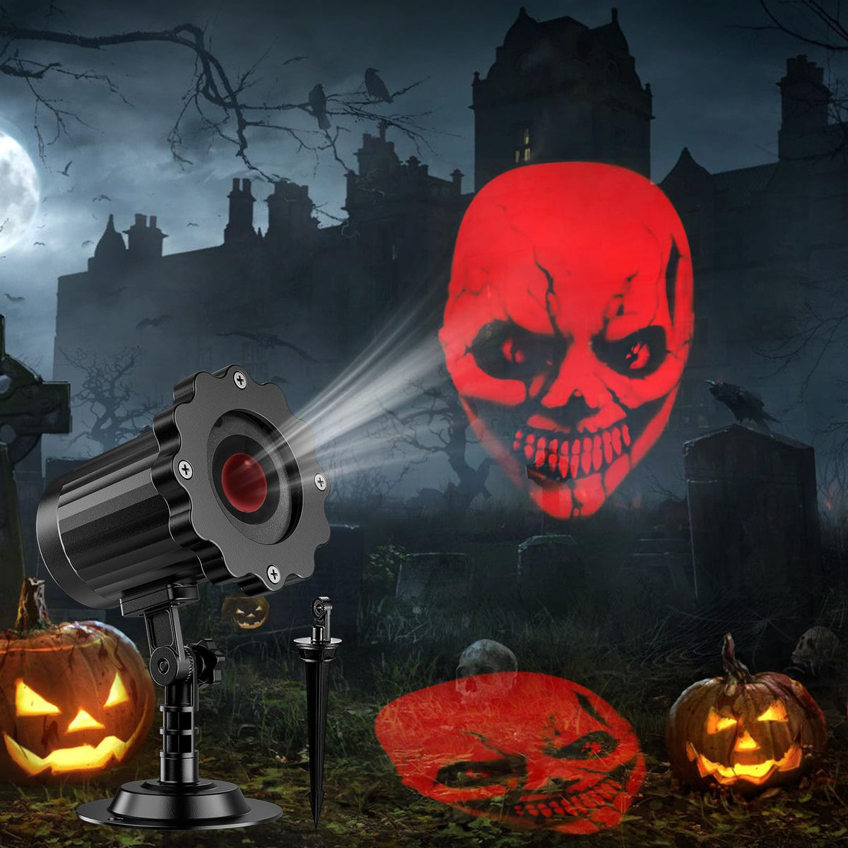 Halloween Projector Lights Outdoor Indoor - 3D Dynamic Red Skull Halloween Decorations, Waterproof Holiday Light for Window, Ground, Roof, Wall,Cemetery, Holiday Decor